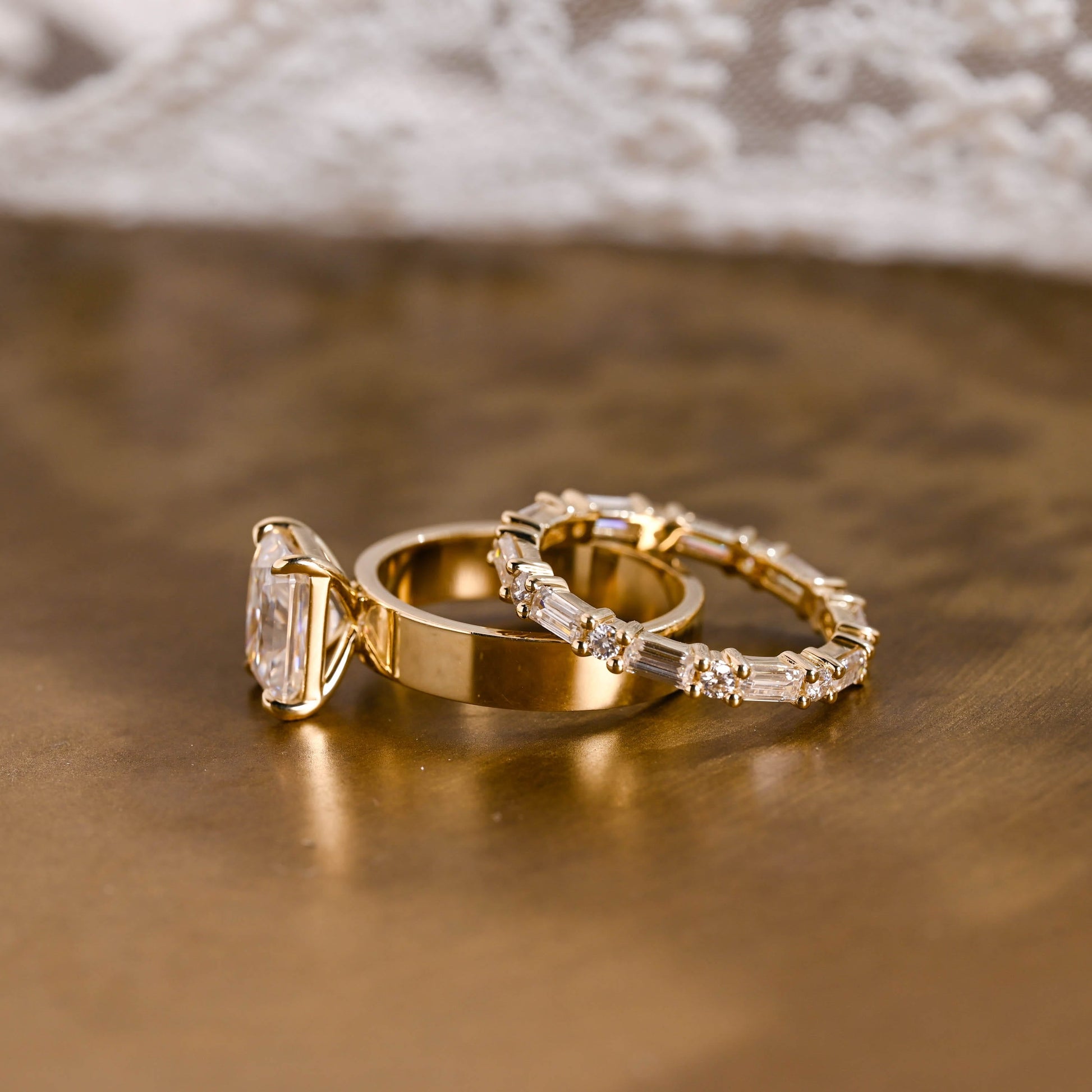 SquareJewelry Radiant Cut Bridal Set Solid Gold 4mm Wide Band Radiant Cut Moissanite Wedding Ring Set