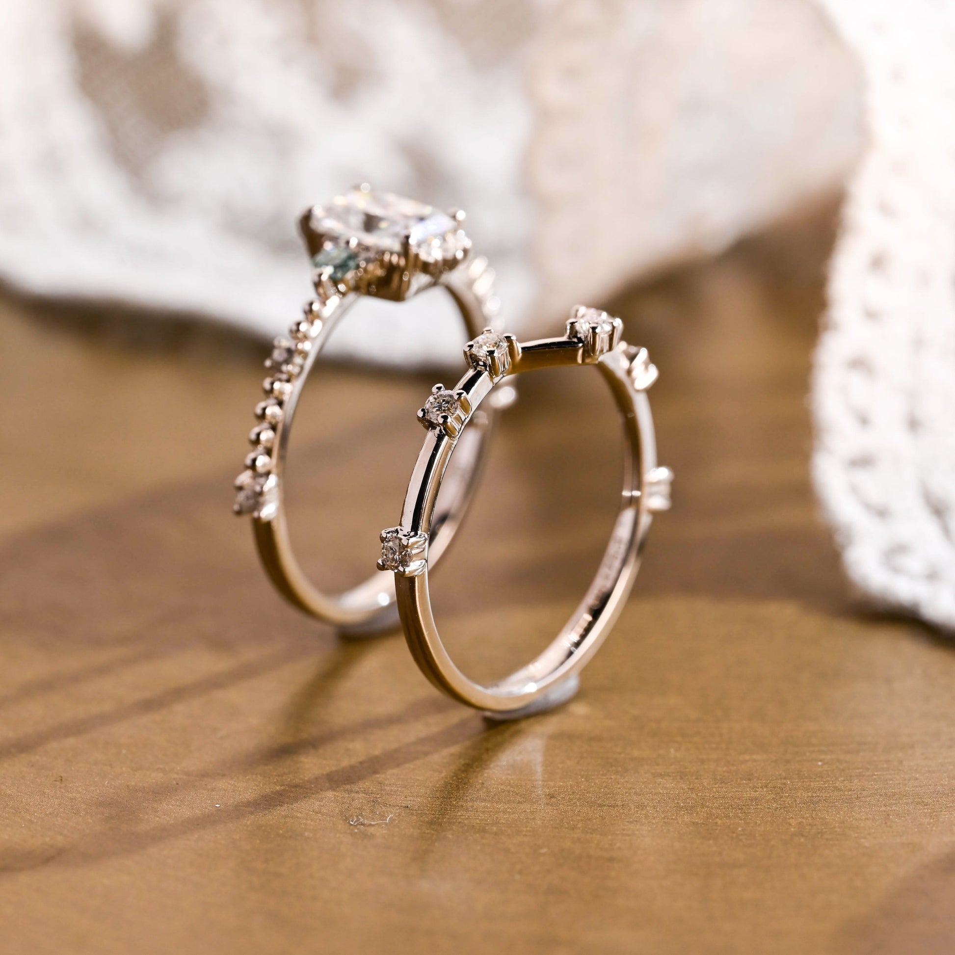SquareJewelry Radiant Cut Bridal Set Solid Gold Radiant Cut Moissanite Engagement Ring And Curved Band Wedding Ring Set