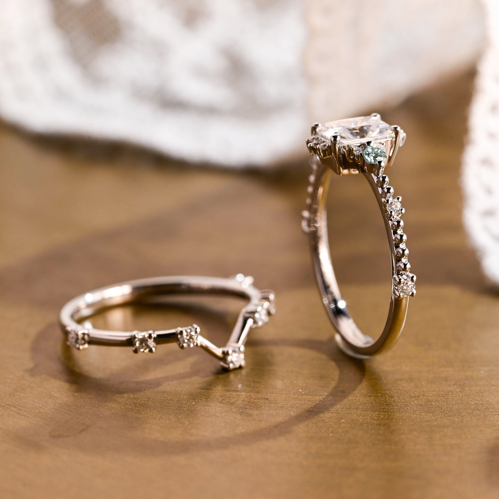 SquareJewelry Radiant Cut Bridal Set Solid Gold Radiant Cut Moissanite Engagement Ring And Curved Band Wedding Ring Set