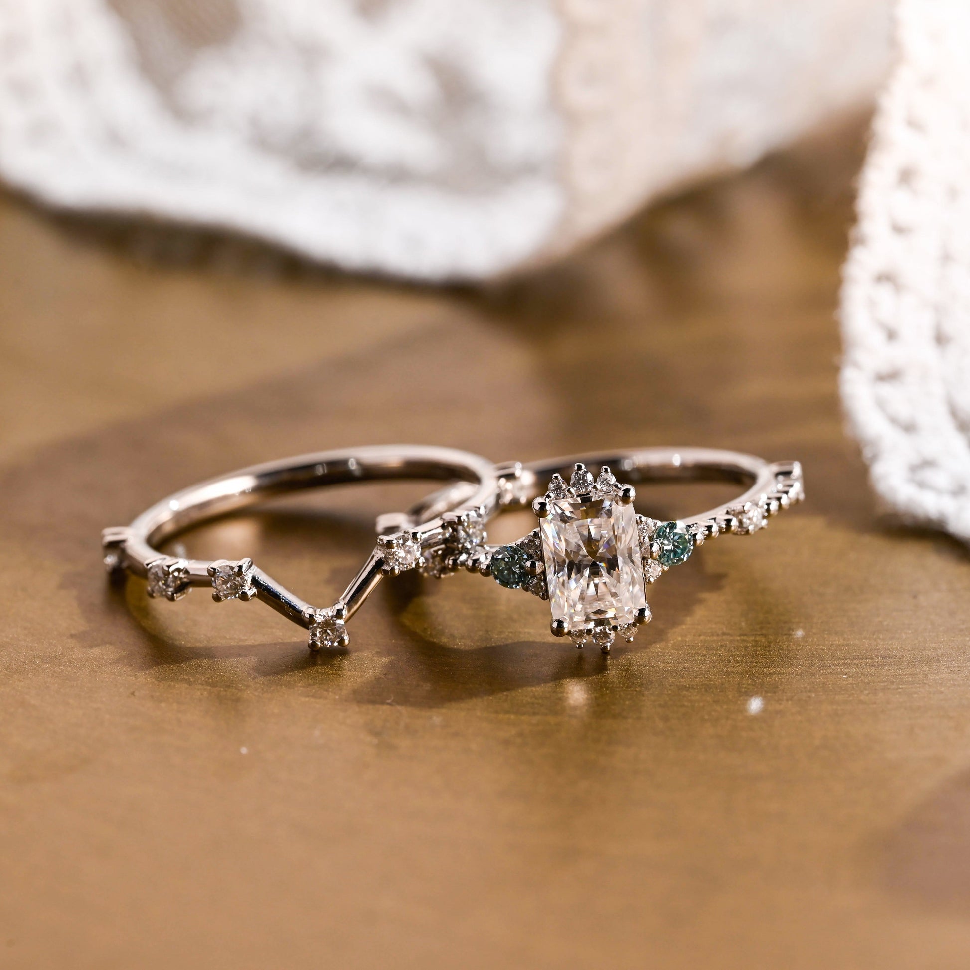 SquareJewelry Radiant Cut Bridal Set Solid Gold Radiant Cut Moissanite Engagement Ring And Curved Band Wedding Ring Set