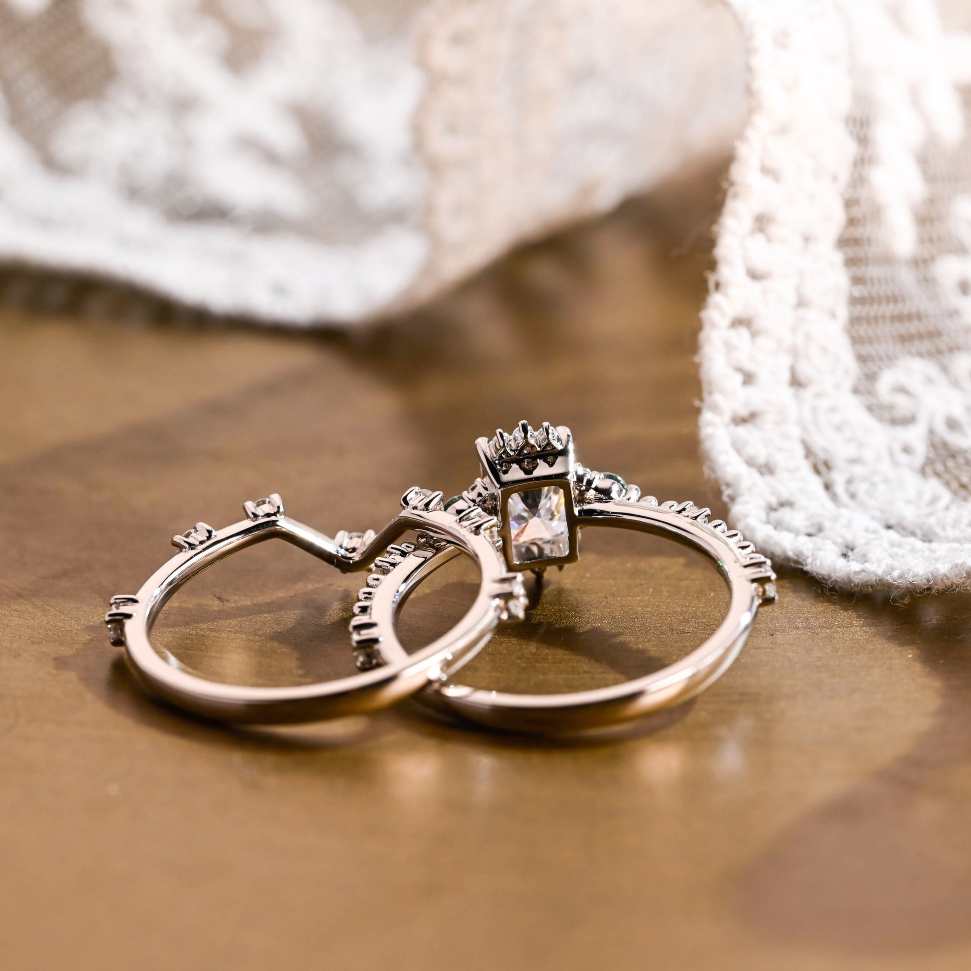 SquareJewelry Radiant Cut Bridal Set Solid Gold Radiant Cut Moissanite Engagement Ring And Curved Band Wedding Ring Set