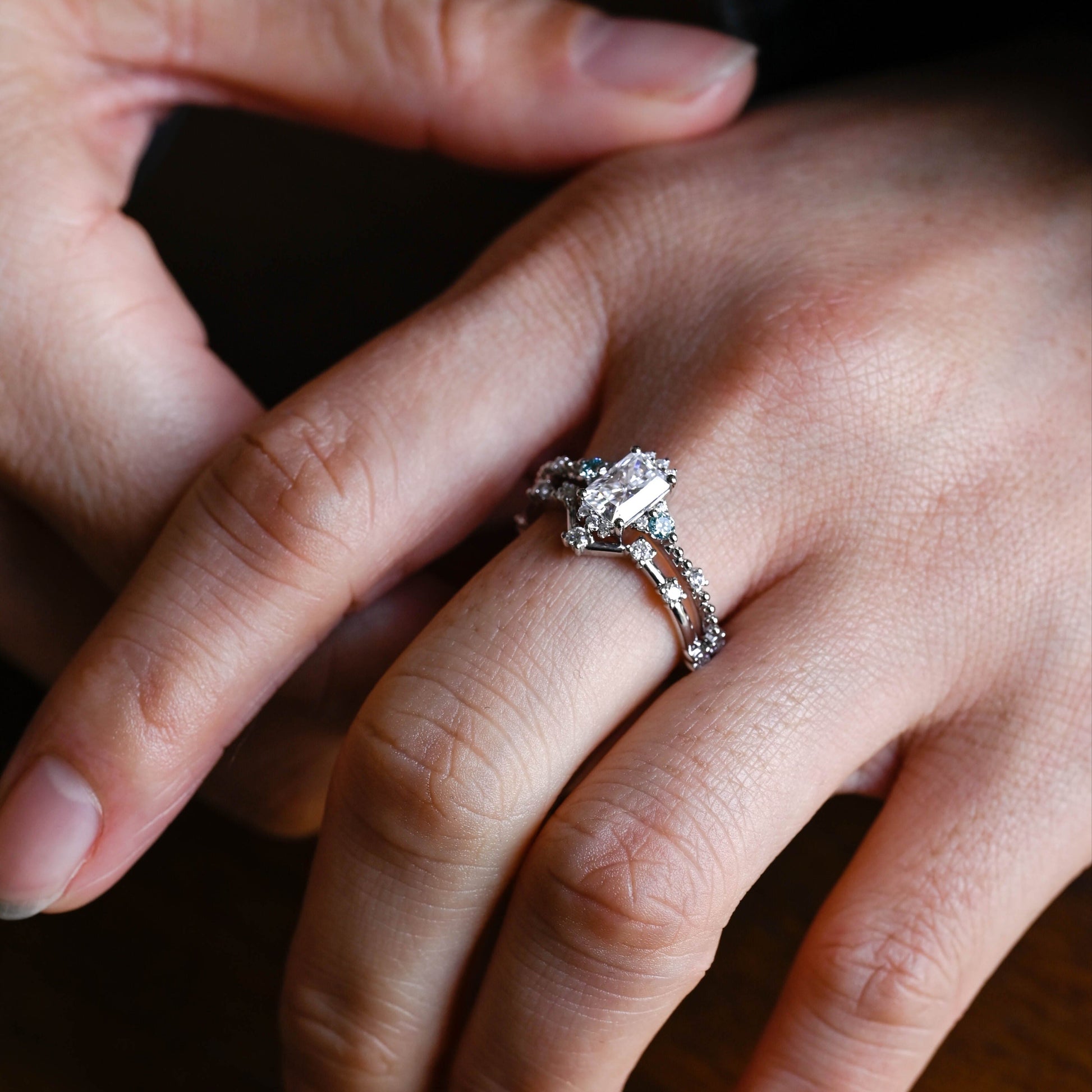 SquareJewelry Radiant Cut Bridal Set Solid Gold Radiant Cut Moissanite Engagement Ring And Curved Band Wedding Ring Set
