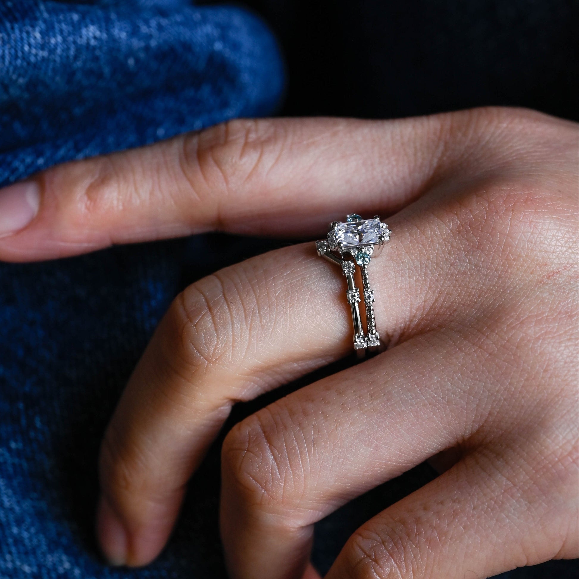 SquareJewelry Radiant Cut Bridal Set Solid Gold Radiant Cut Moissanite Engagement Ring And Curved Band Wedding Ring Set