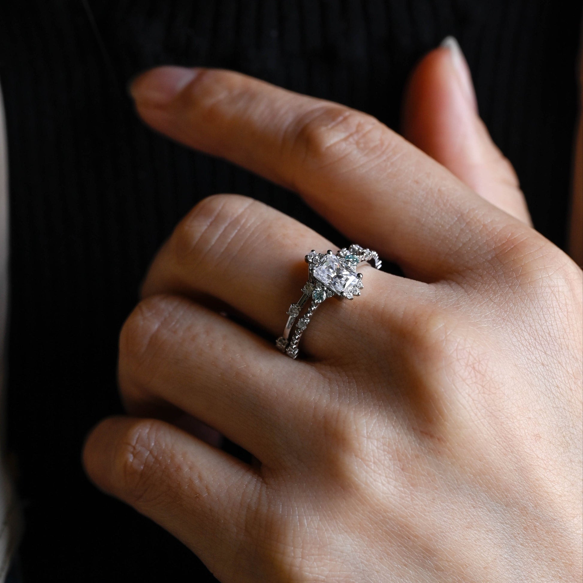 SquareJewelry Radiant Cut Bridal Set Solid Gold Radiant Cut Moissanite Engagement Ring And Curved Band Wedding Ring Set