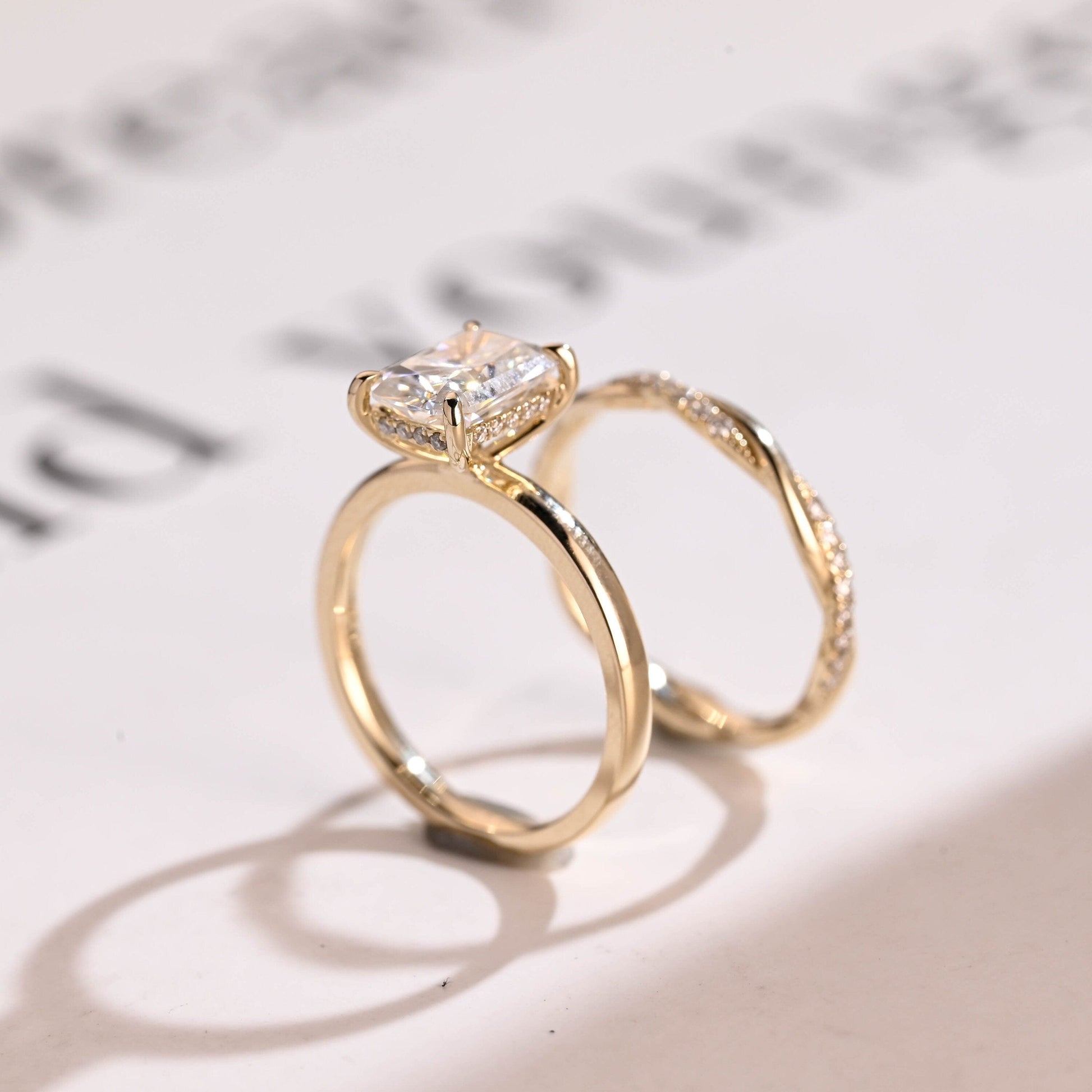 SquareJewelry Radiant Cut Bridal Set Solid Gold Radiant Cut Moissanite Wedding Ring Set