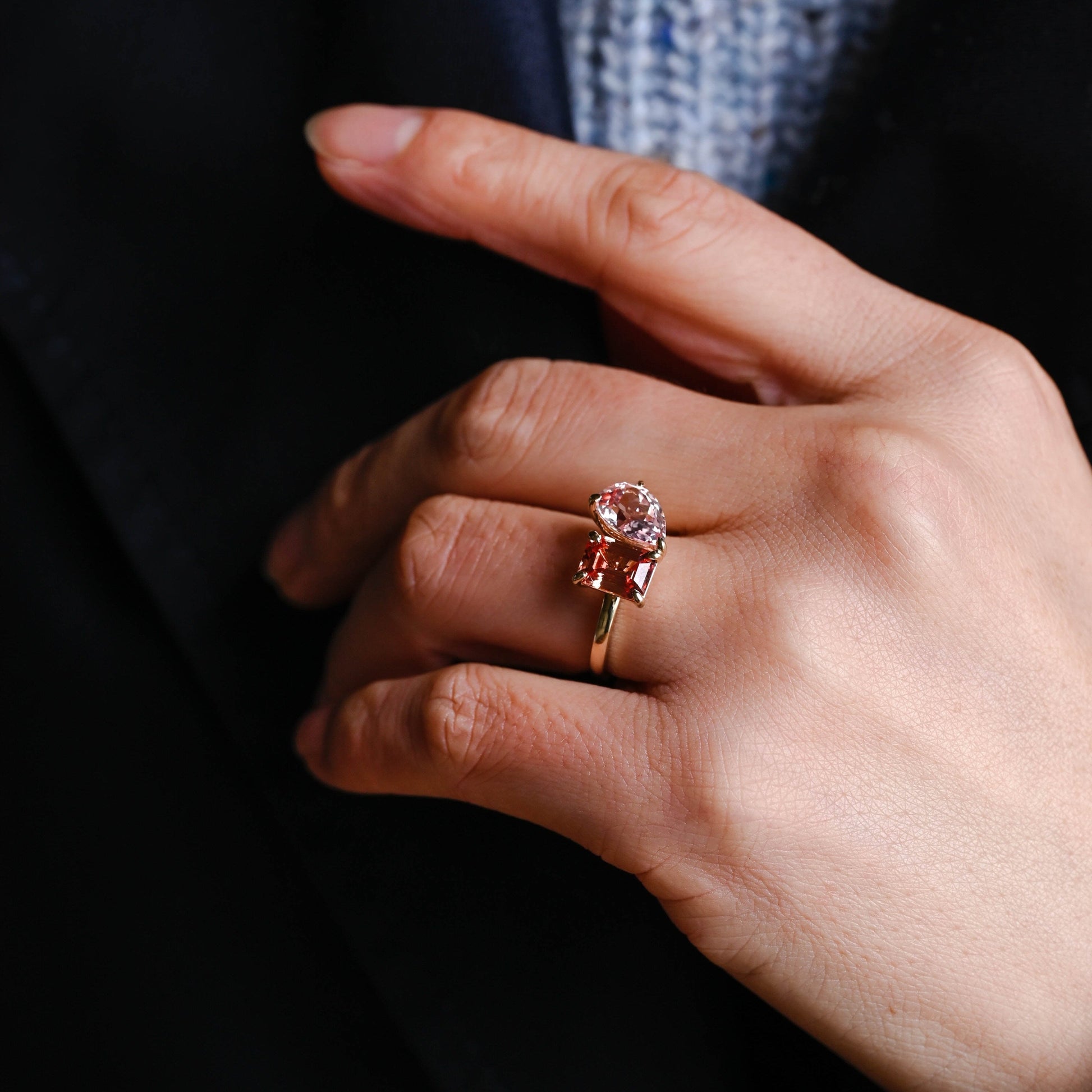 SquareJewelry radiant cut lab grown sapphire engagement ring Solid Gold Toi et Moi Emerald Cut Orange Sapphire & Pear Cut Pink Sapphire Engagement Ring