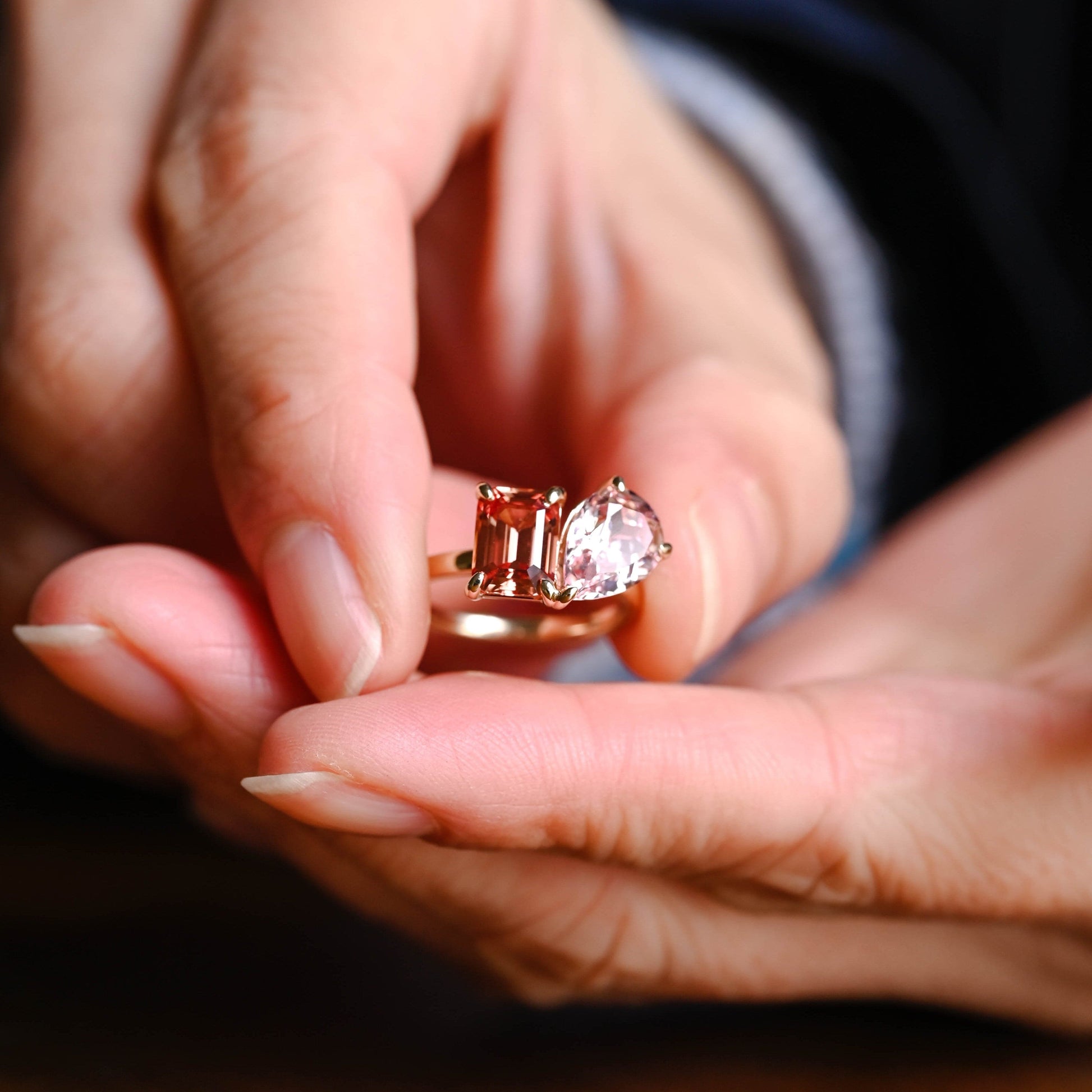 SquareJewelry radiant cut lab grown sapphire engagement ring Solid Gold Toi et Moi Emerald Cut Orange Sapphire & Pear Cut Pink Sapphire Engagement Ring