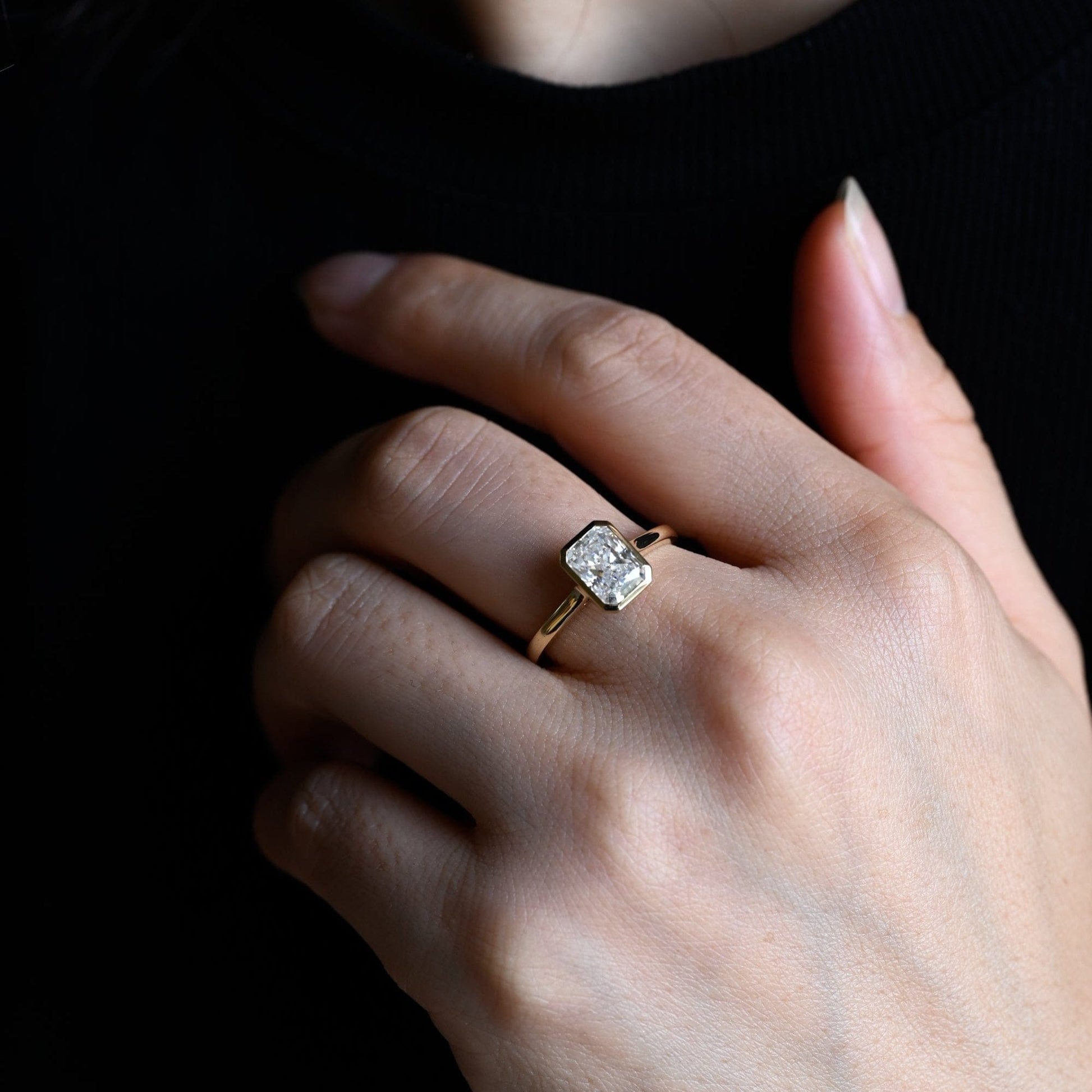 SquareJewelry radiant cut moissanite engagement ring Solid Gold Bezel Solitaire Radiant Cut Moissanite Engagement Ring