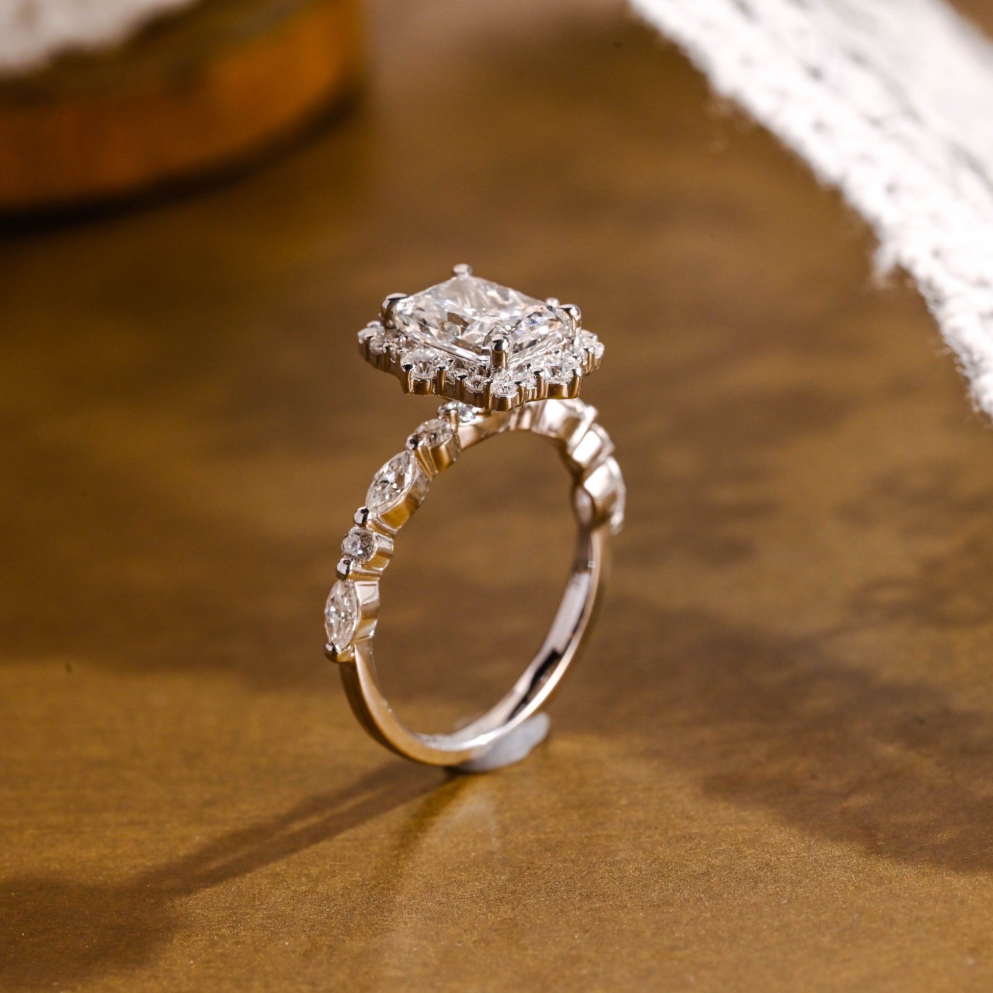 SquareJewelry radiant cut moissanite engagement ring Solid Gold Halo Ice Crushed Radiant Moissanite Engagement Ring