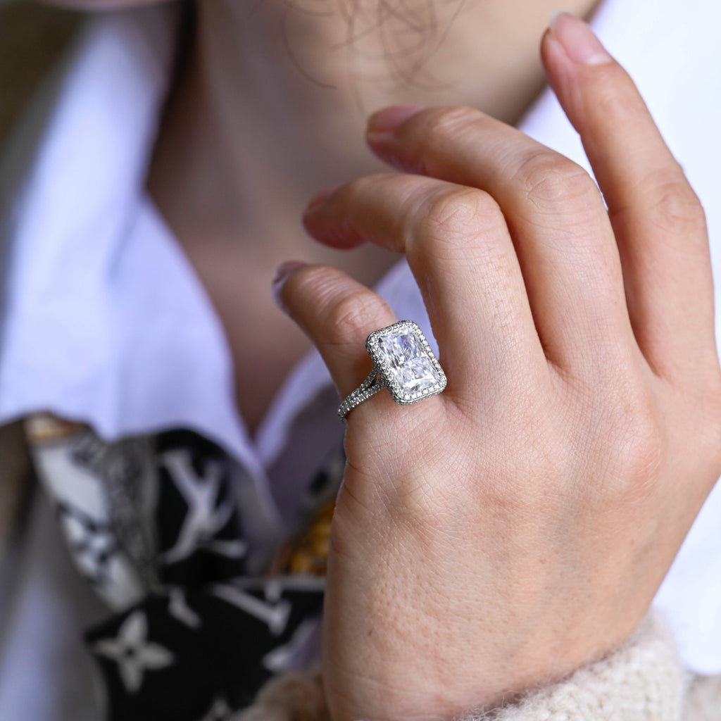 SquareJewelry radiant cut moissanite engagement ring Solid Gold Halo Pave Split Shank Radiant Moissanite Engagement Ring