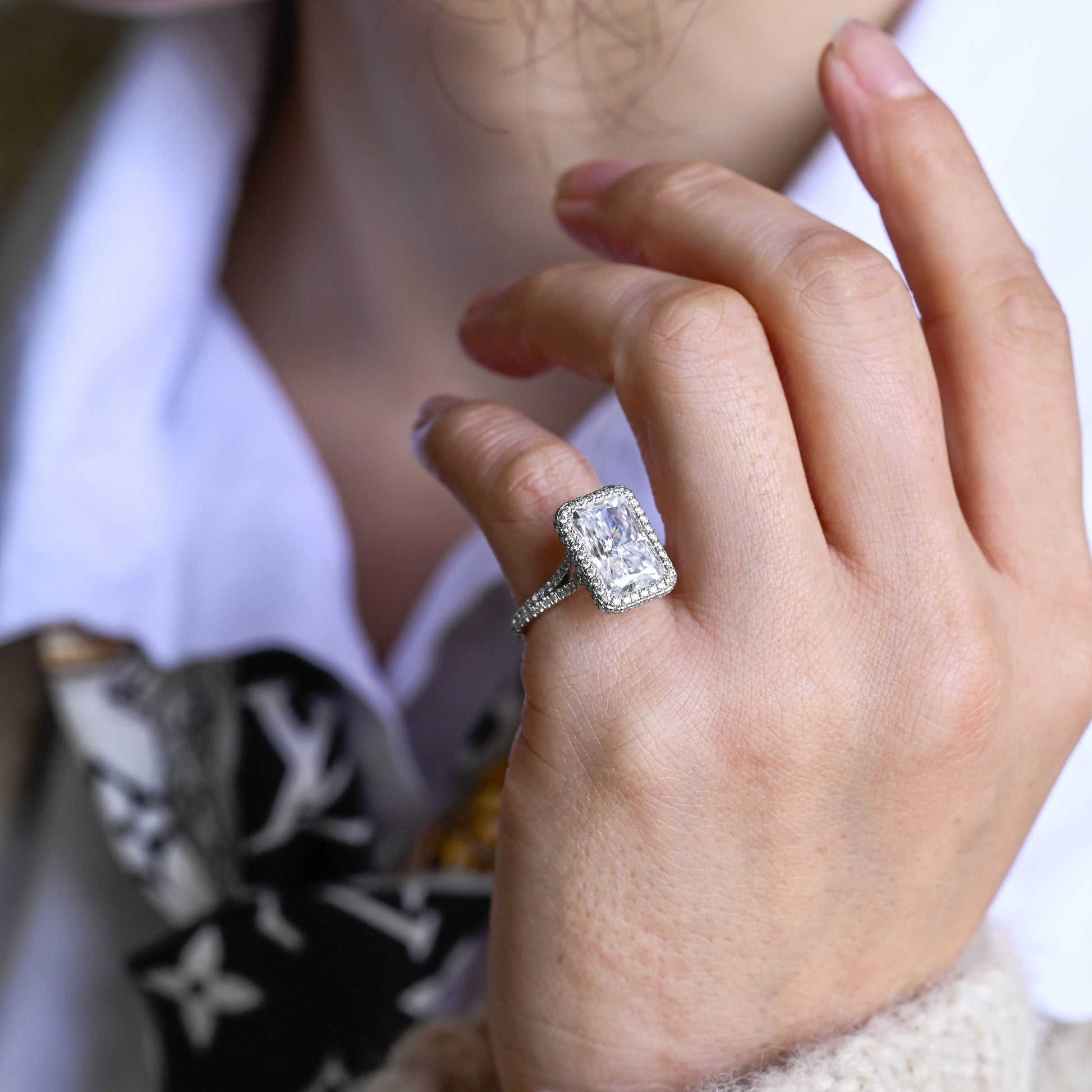 SquareJewelry radiant cut moissanite engagement ring Solid Gold Halo Pave Split Shank Radiant Moissanite Engagement Ring