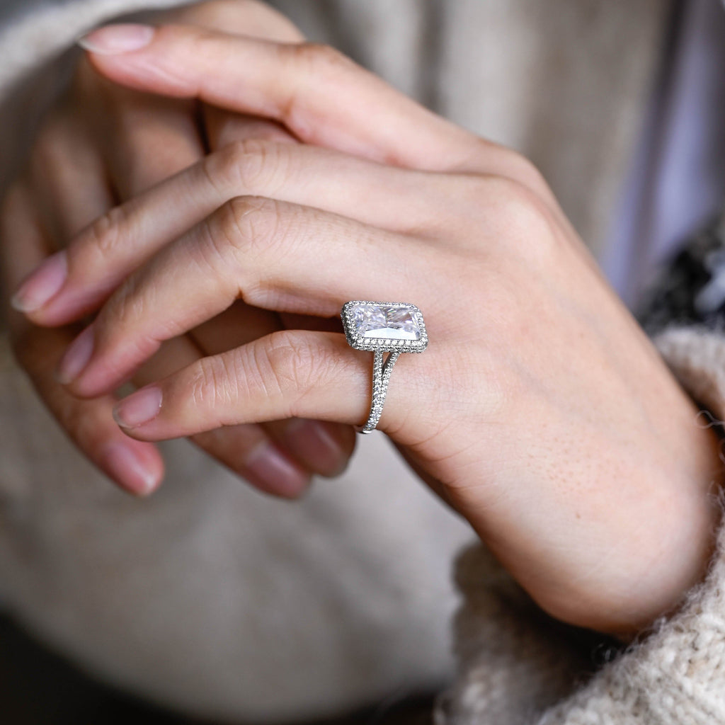 SquareJewelry radiant cut moissanite engagement ring Solid Gold Halo Pave Split Shank Radiant Moissanite Engagement Ring