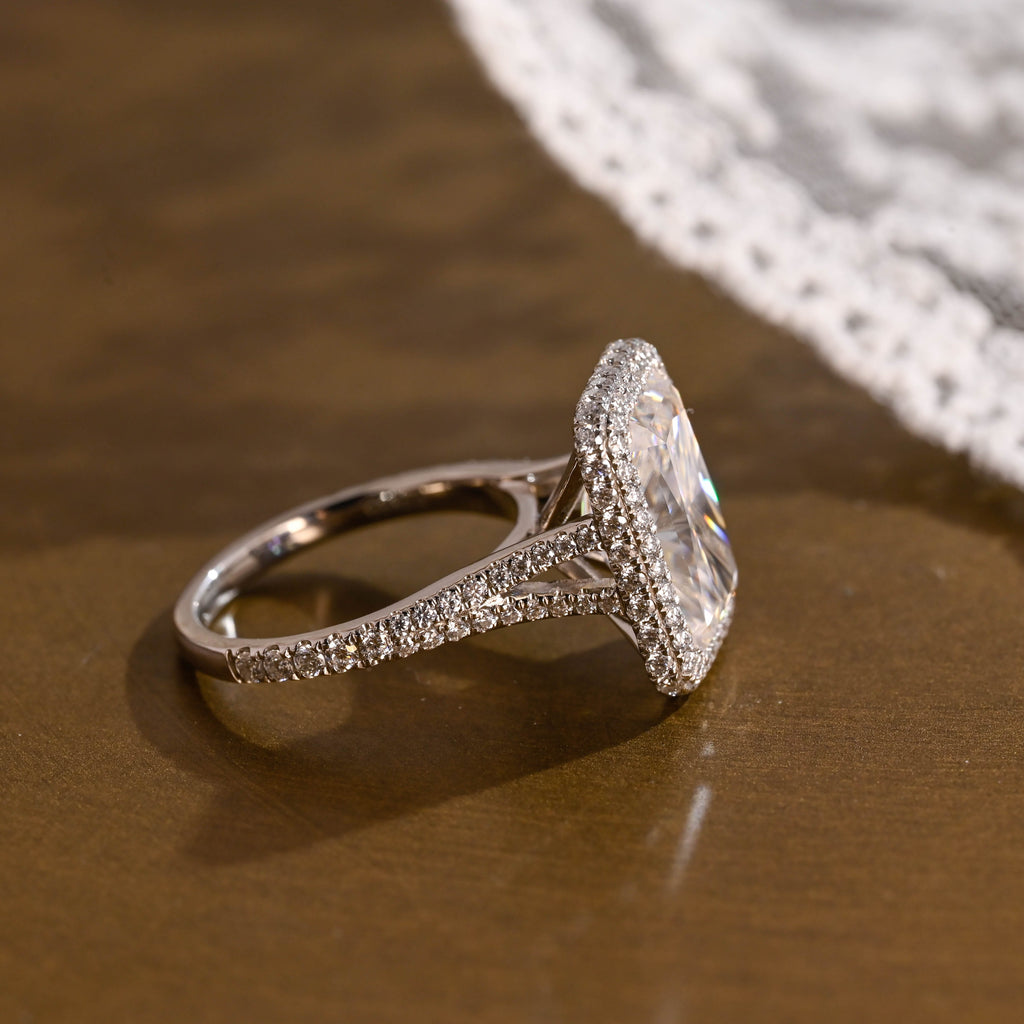 SquareJewelry radiant cut moissanite engagement ring Solid Gold Halo Pave Split Shank Radiant Moissanite Engagement Ring