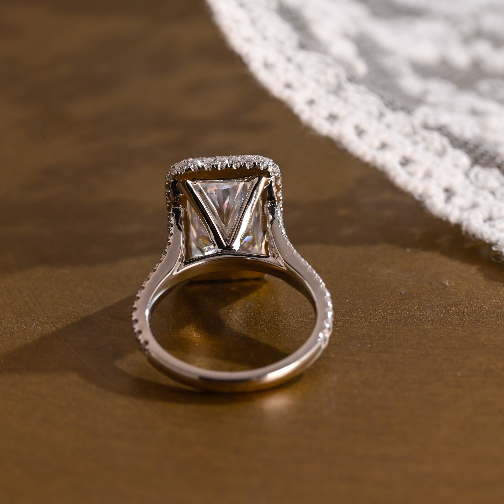 SquareJewelry radiant cut moissanite engagement ring Solid Gold Halo Pave Split Shank Radiant Moissanite Engagement Ring