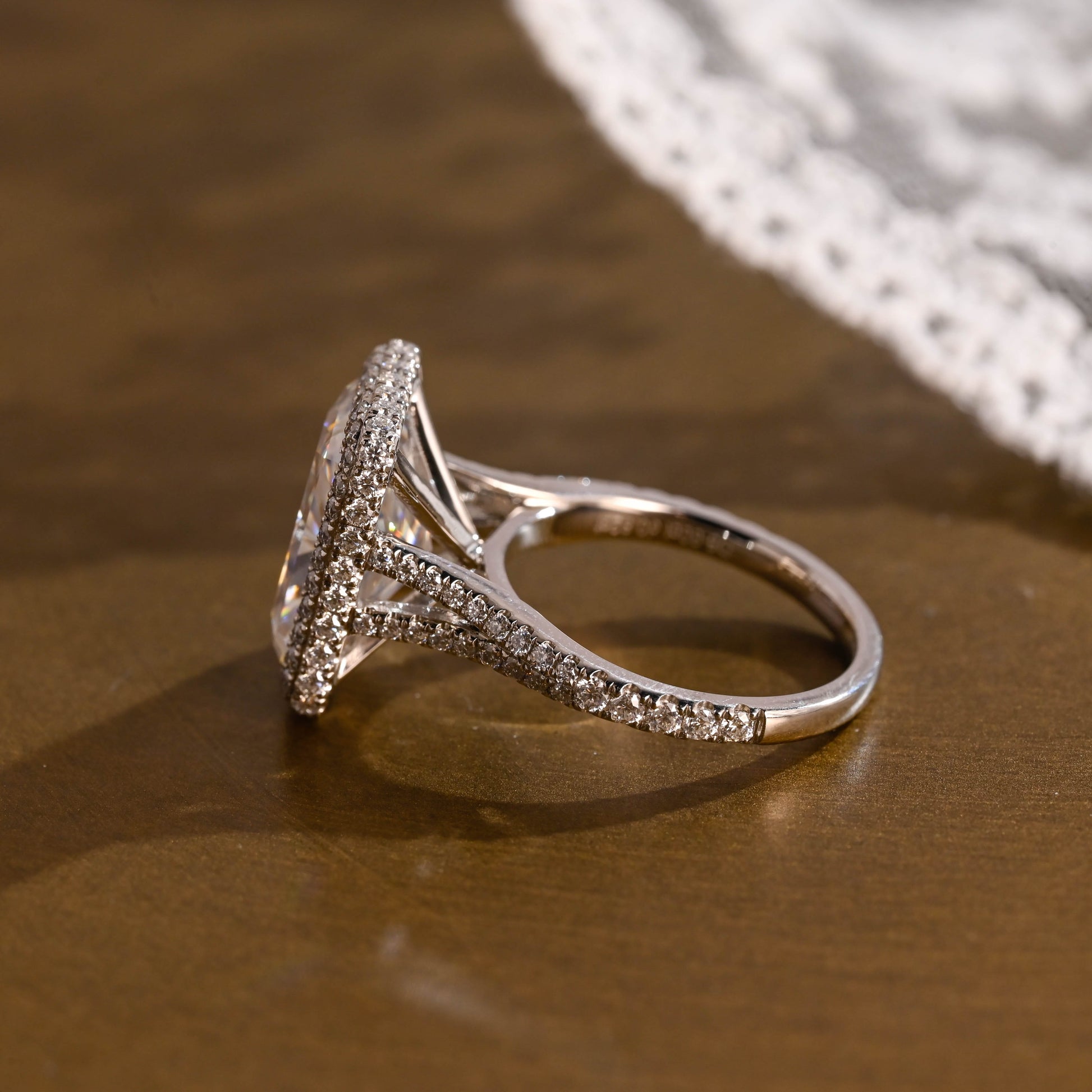 SquareJewelry radiant cut moissanite engagement ring Solid Gold Halo Pave Split Shank Radiant Moissanite Engagement Ring