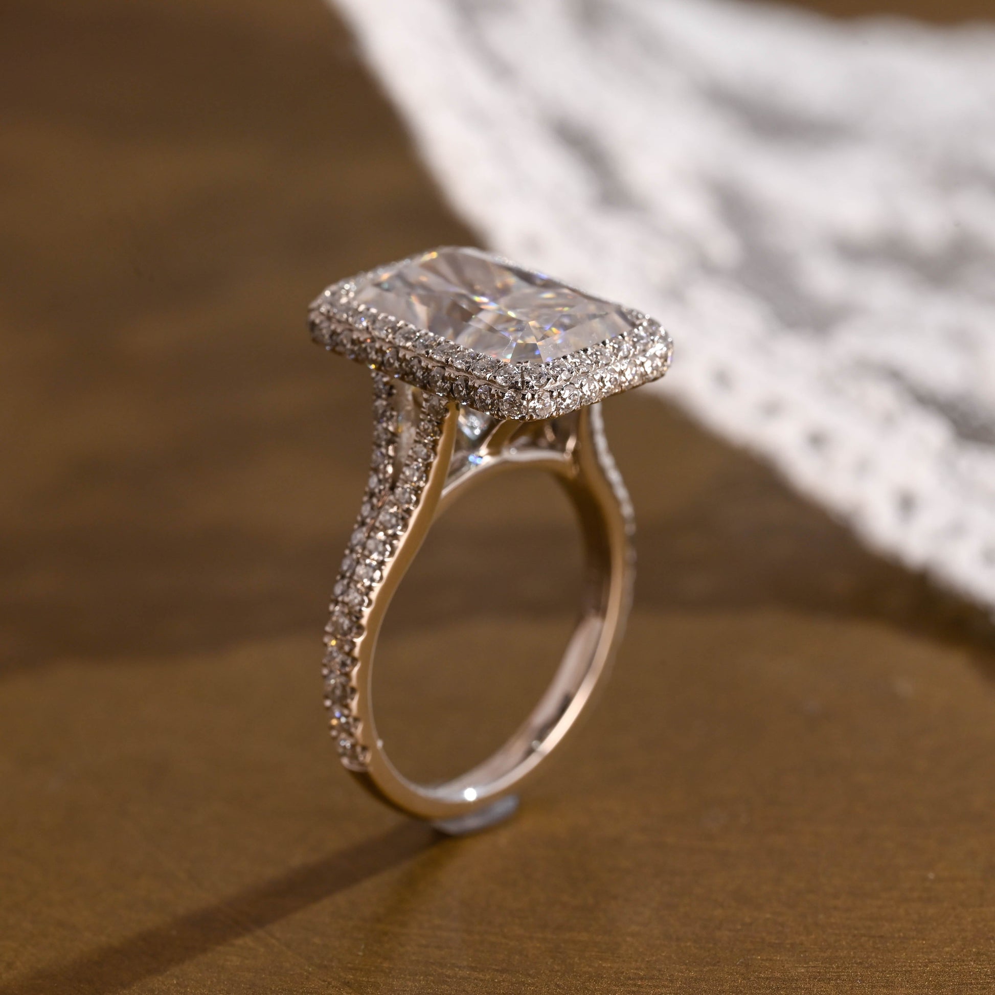SquareJewelry radiant cut moissanite engagement ring Solid Gold Halo Pave Split Shank Radiant Moissanite Engagement Ring