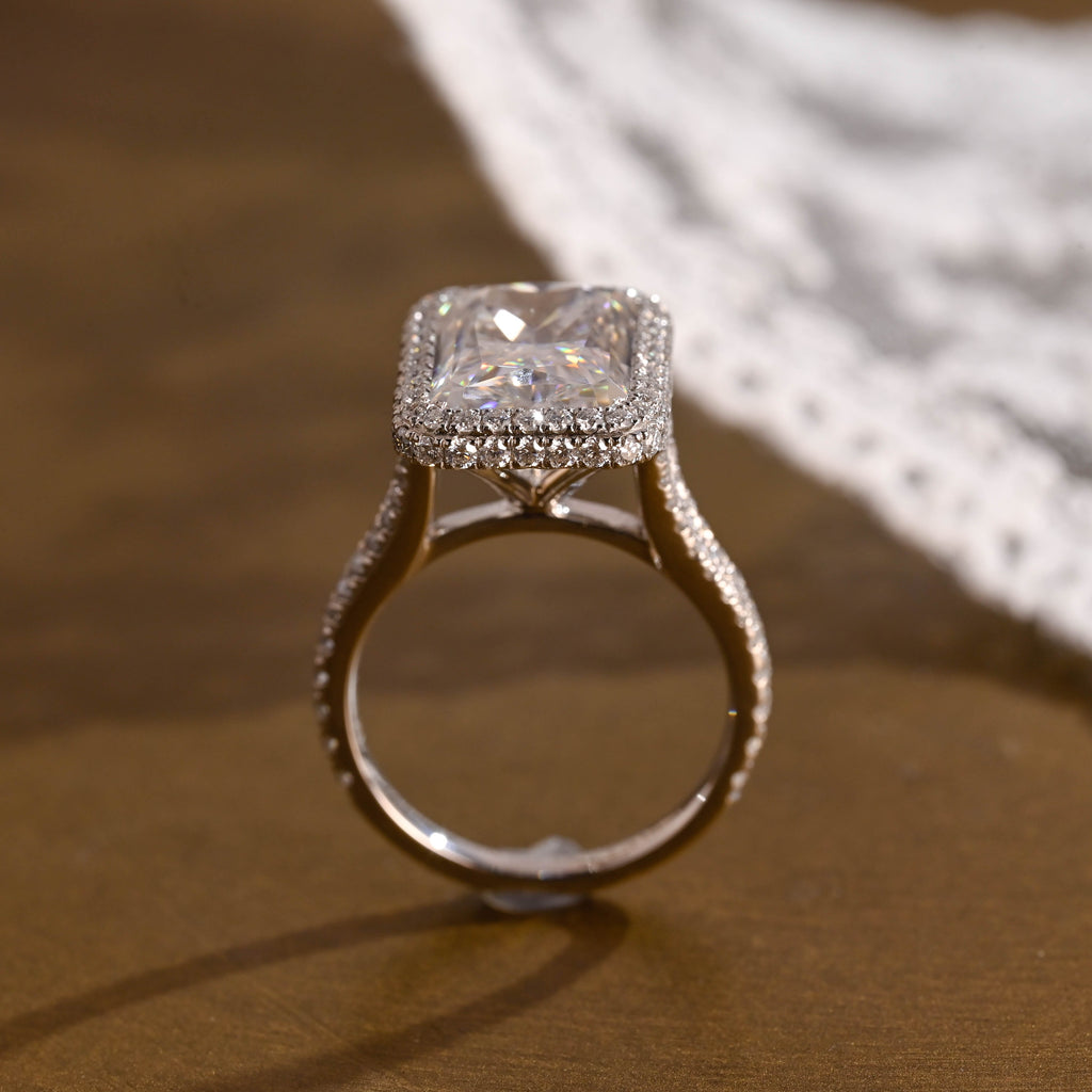 SquareJewelry radiant cut moissanite engagement ring Solid Gold Halo Pave Split Shank Radiant Moissanite Engagement Ring