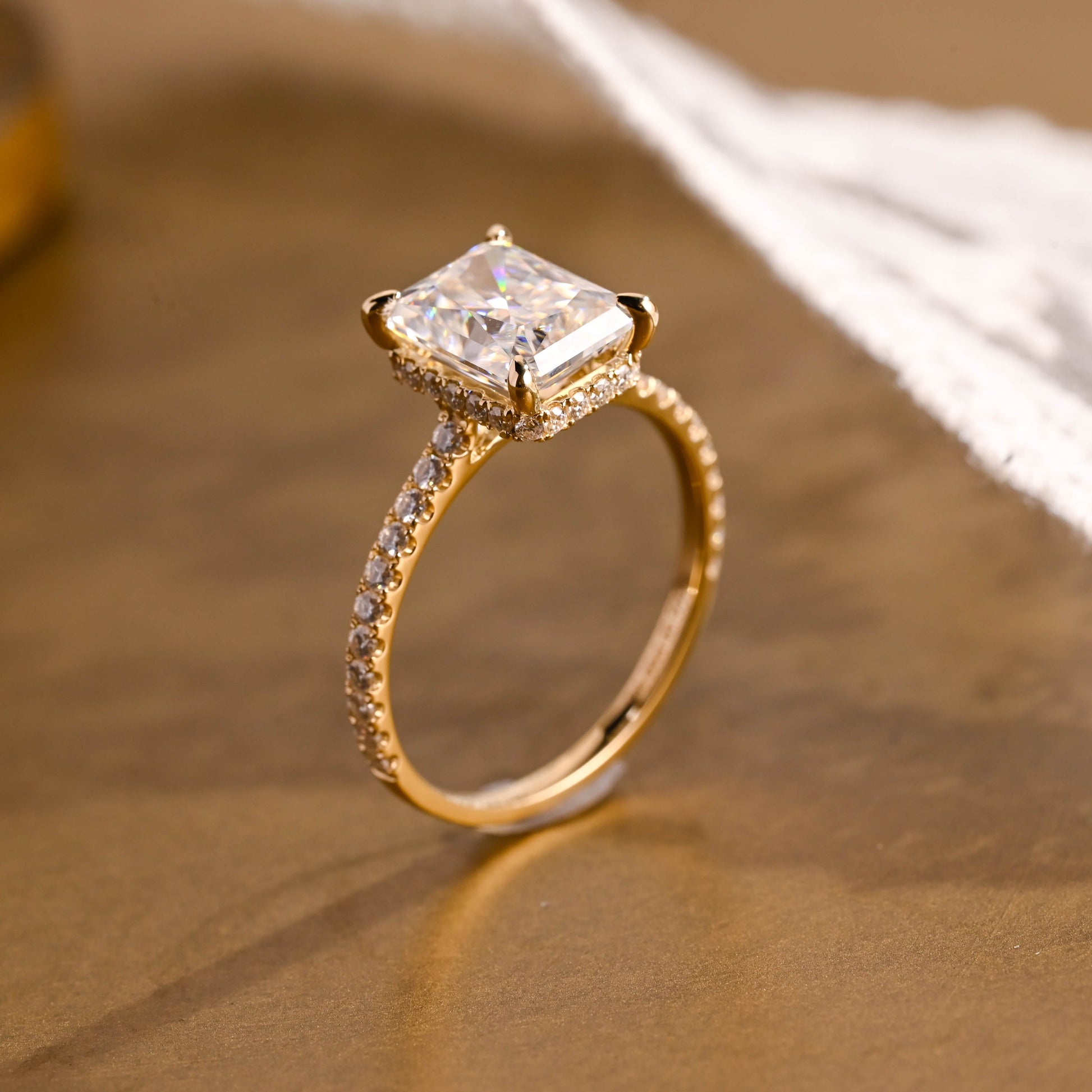 SquareJewelry radiant cut moissanite engagement ring Solid Gold Hidden Halo Radiant Cut Moissanite Engagement Ring