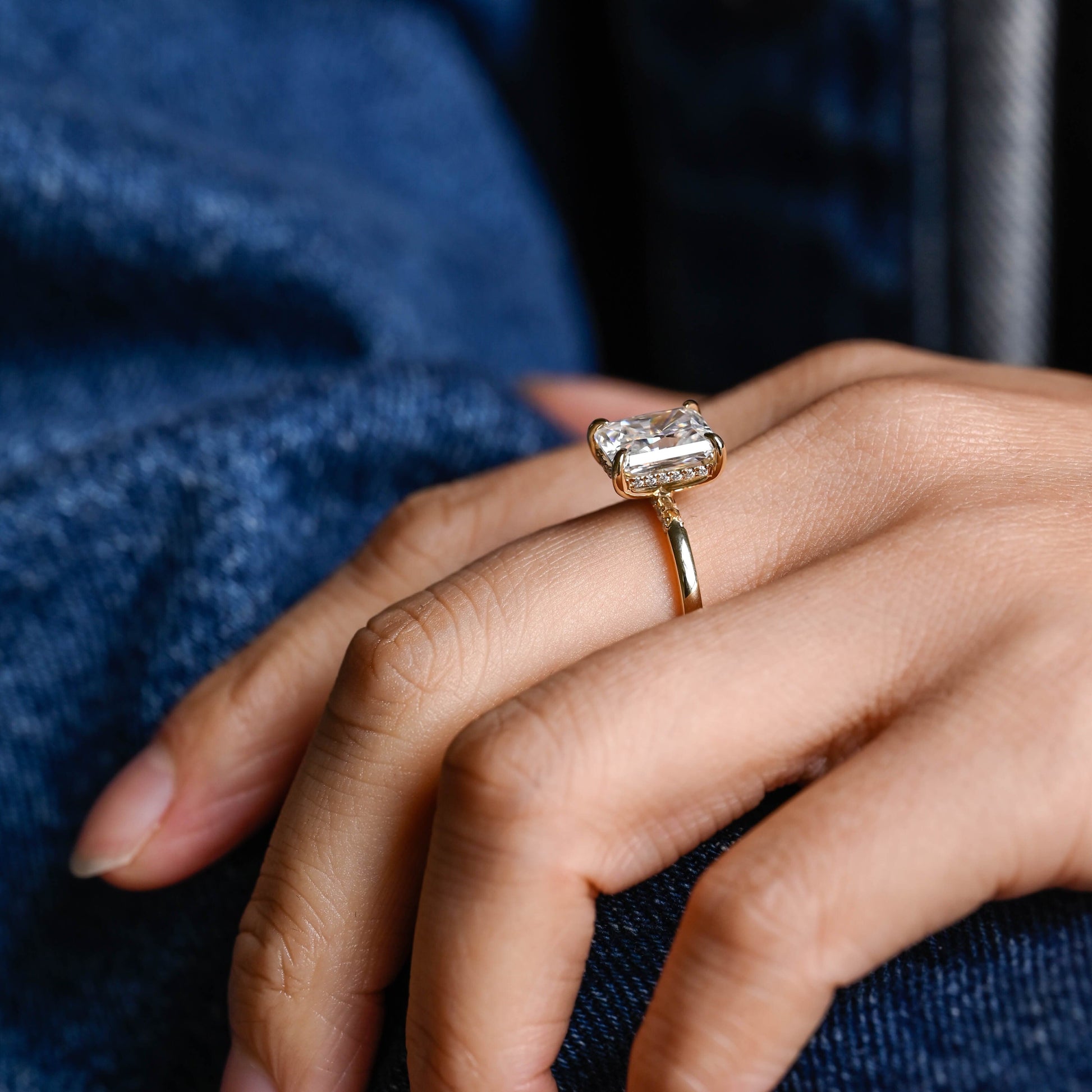 SquareJewelry radiant cut moissanite engagement ring Solid Gold Pavé Bridge Hidden Halo Radiant Cut Moissanite Engagement Ring