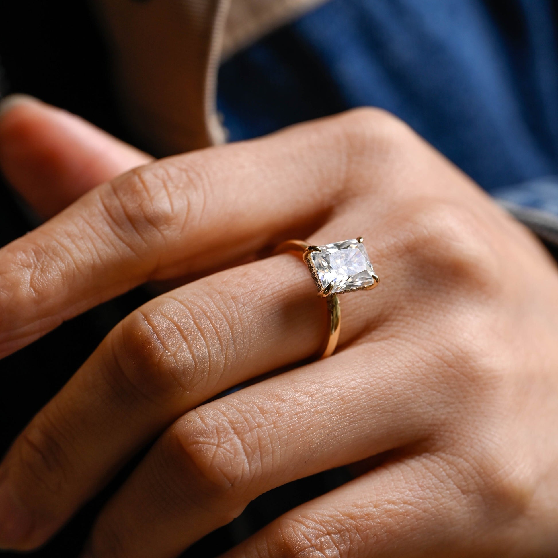 SquareJewelry radiant cut moissanite engagement ring Solid Gold Pavé Bridge Hidden Halo Radiant Cut Moissanite Engagement Ring