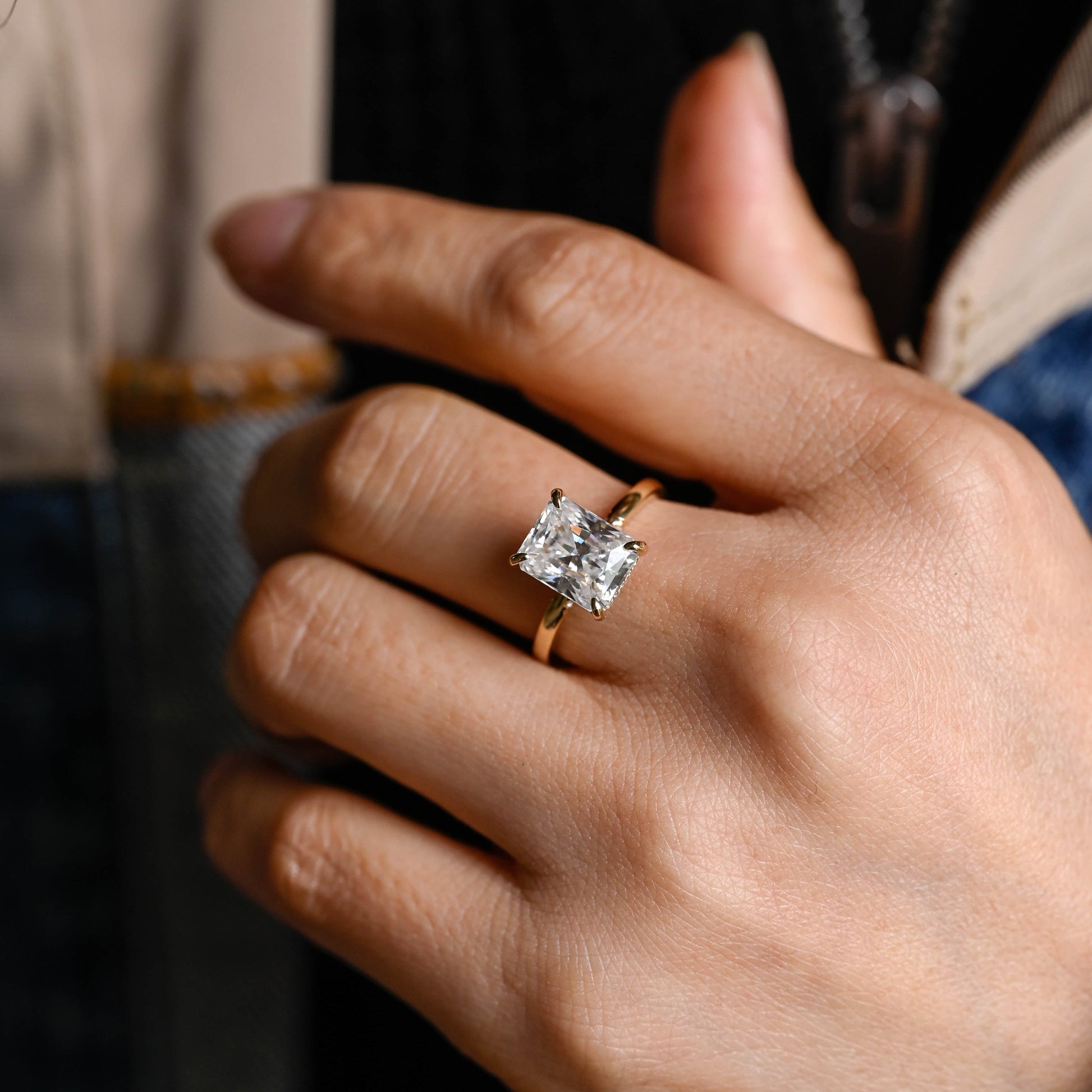 SquareJewelry radiant cut moissanite engagement ring Solid Gold Pavé Bridge Hidden Halo Radiant Cut Moissanite Engagement Ring