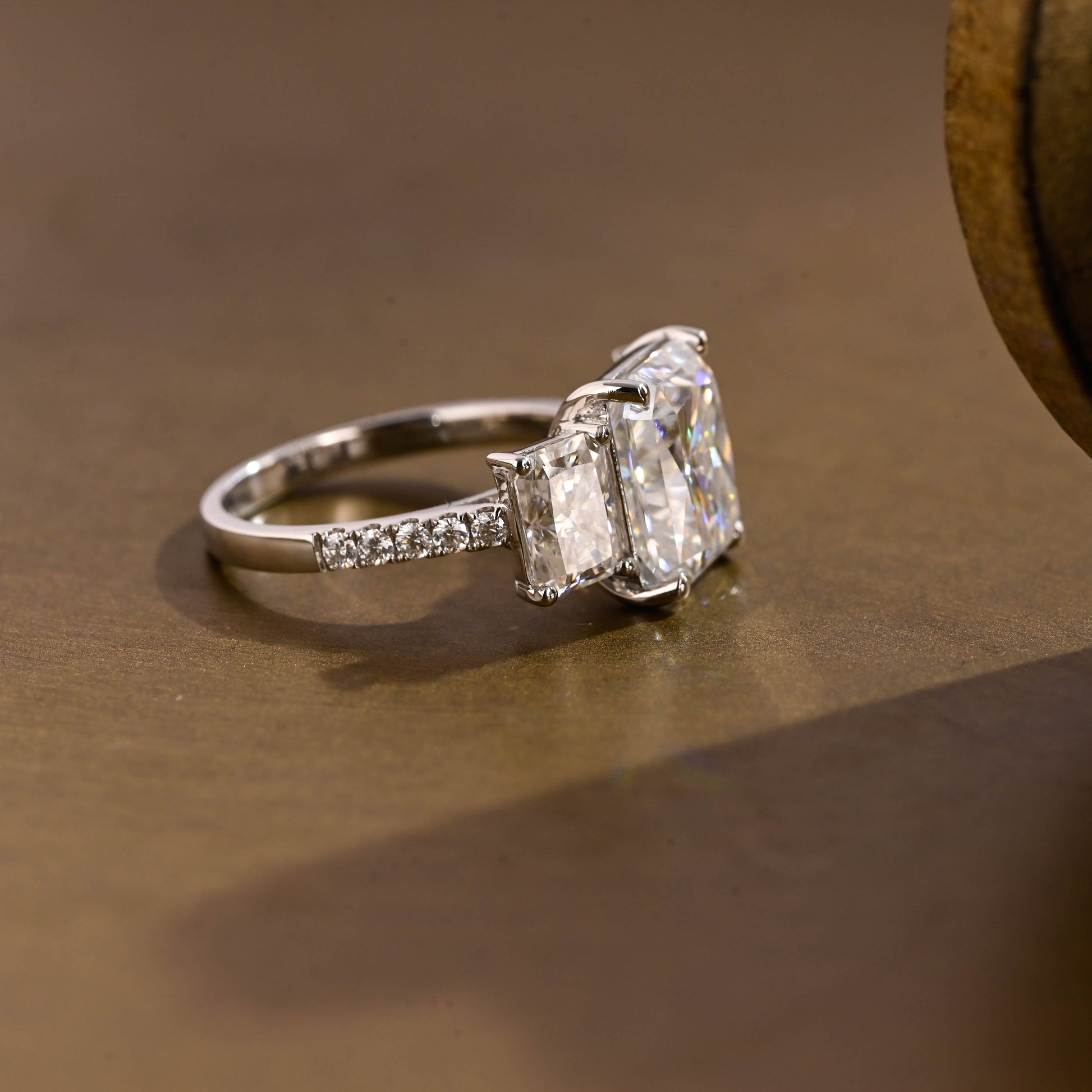 SquareJewelry radiant cut moissanite engagement ring Solid Gold Three Stone Radiant Cut Moissanite Engagement Ring