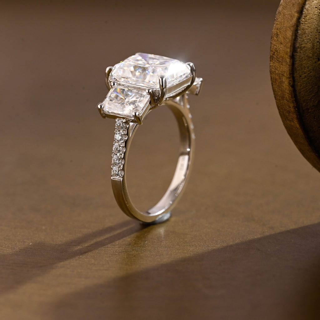 SquareJewelry radiant cut moissanite engagement ring Solid Gold Three Stone Radiant Cut Moissanite Engagement Ring