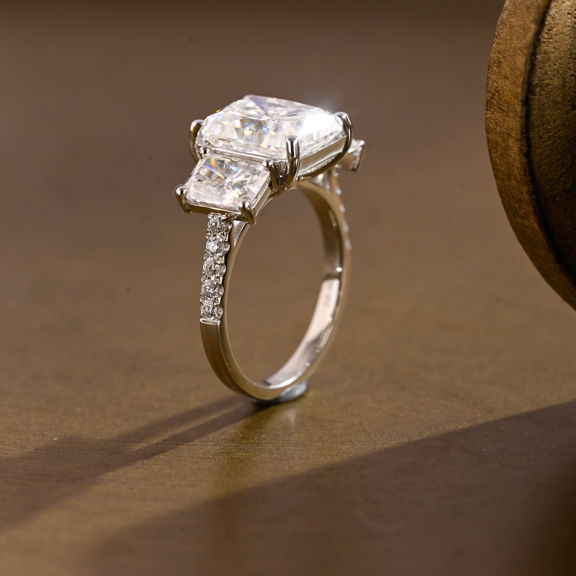 SquareJewelry radiant cut moissanite engagement ring Solid Gold Three Stone Radiant Cut Moissanite Engagement Ring
