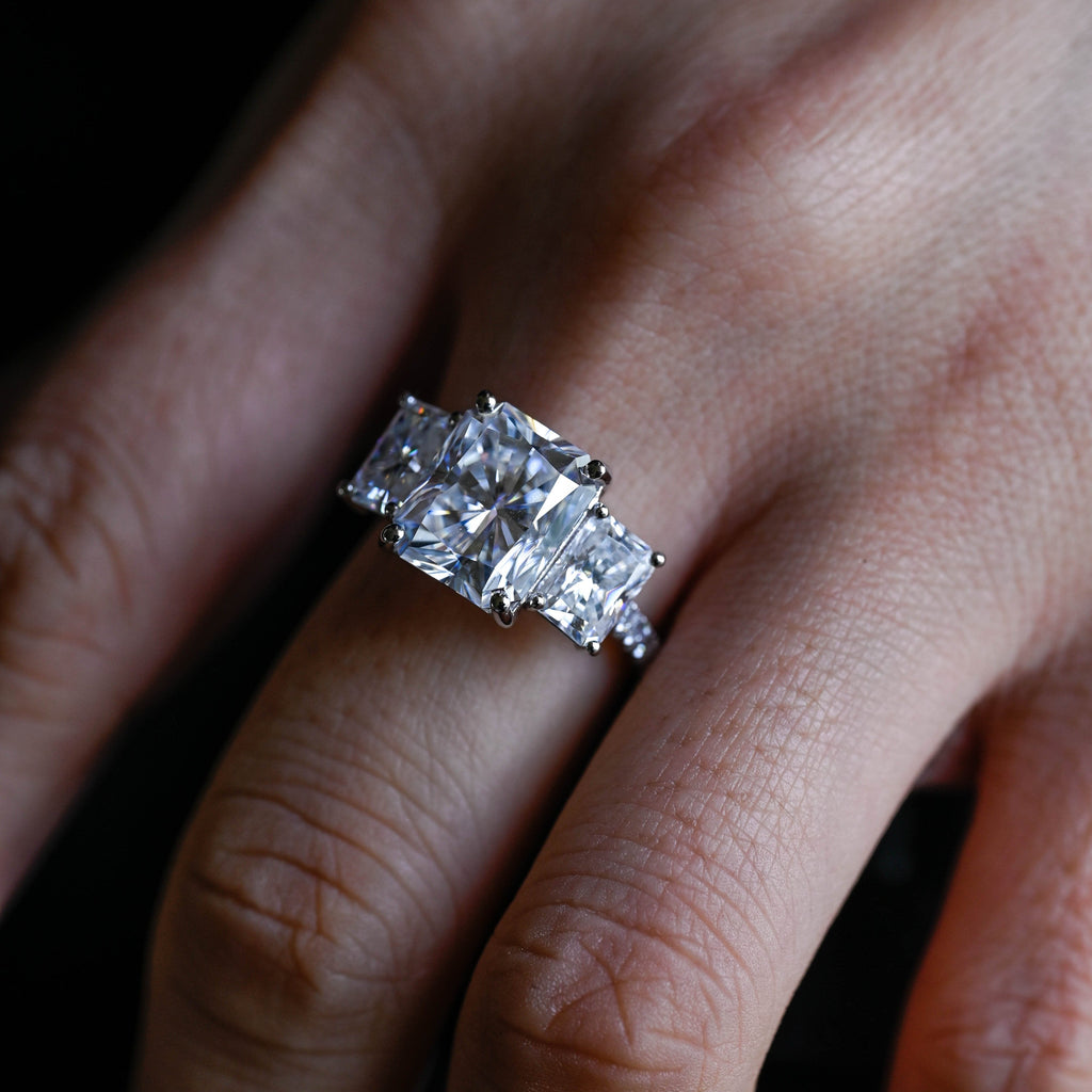 SquareJewelry radiant cut moissanite engagement ring Solid Gold Three Stone Radiant Cut Moissanite Engagement Ring