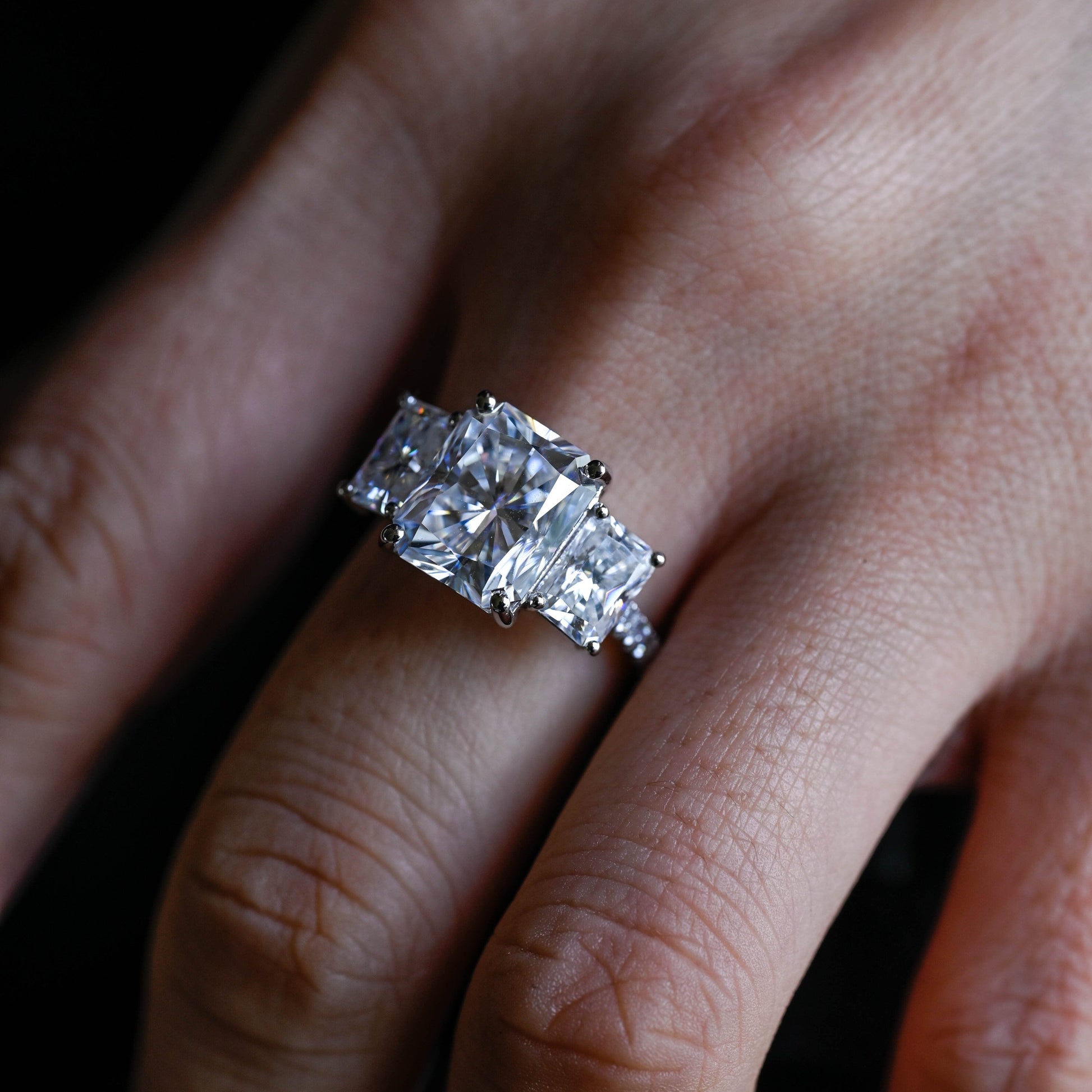 SquareJewelry radiant cut moissanite engagement ring Solid Gold Three Stone Radiant Cut Moissanite Engagement Ring