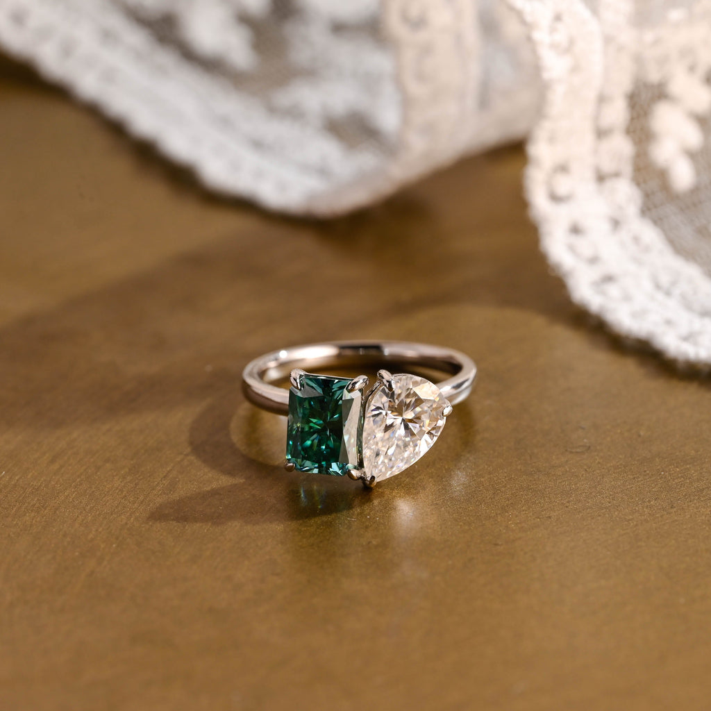 SquareJewelry radiant cut moissanite engagement ring Solid Gold Toi et Moi Radiant Cut Green Moissanite & Pear Cut Moissanite Engagement Ring