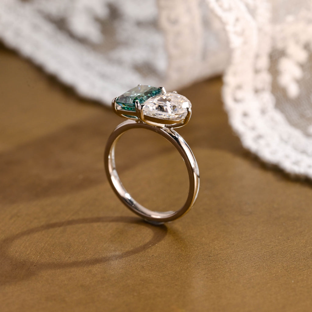 SquareJewelry radiant cut moissanite engagement ring Solid Gold Toi et Moi Radiant Cut Green Moissanite & Pear Cut Moissanite Engagement Ring