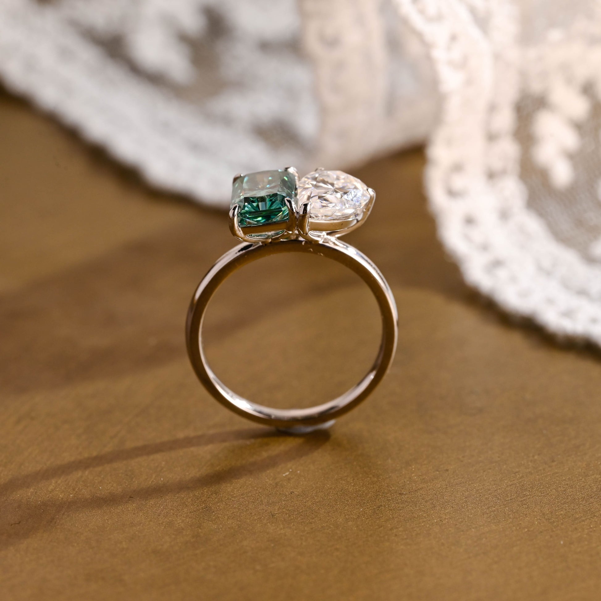 SquareJewelry radiant cut moissanite engagement ring Solid Gold Toi et Moi Radiant Cut Green Moissanite & Pear Cut Moissanite Engagement Ring