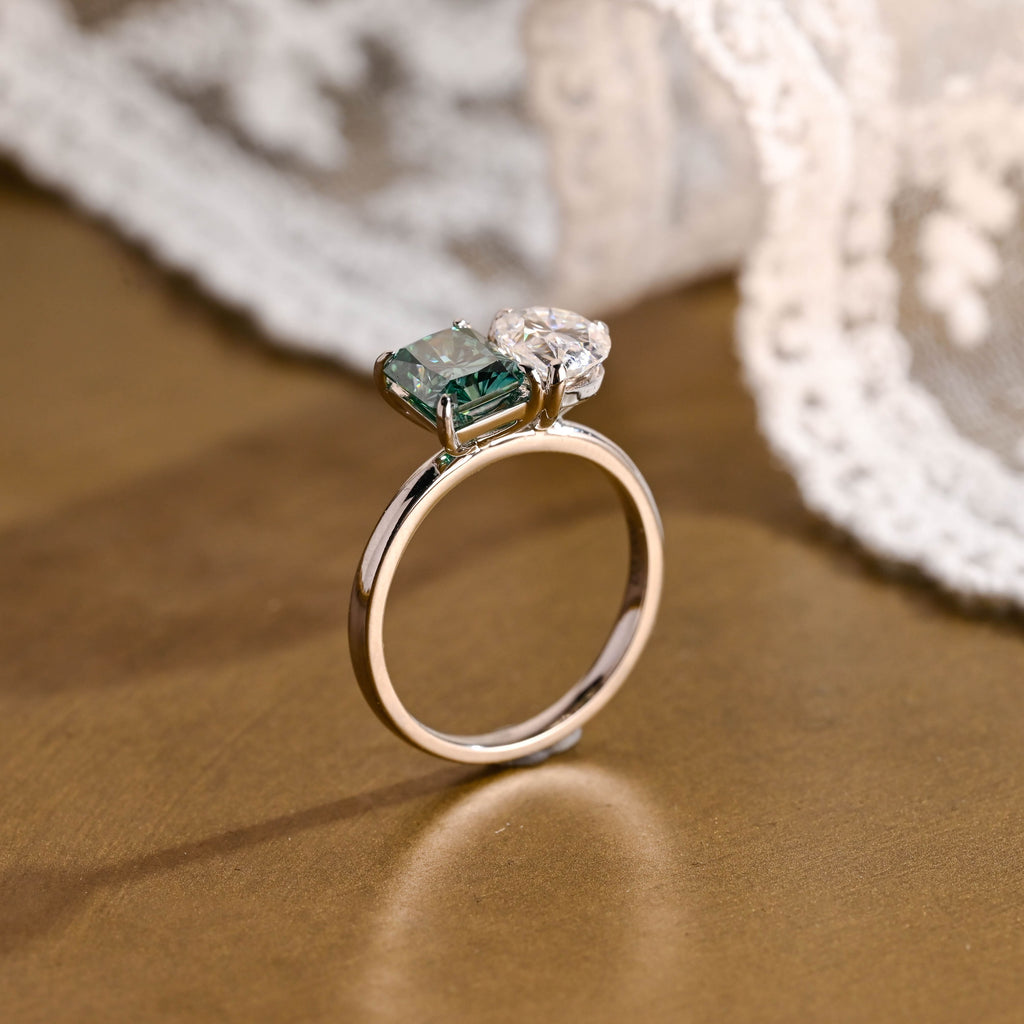 SquareJewelry radiant cut moissanite engagement ring Solid Gold Toi et Moi Radiant Cut Green Moissanite & Pear Cut Moissanite Engagement Ring