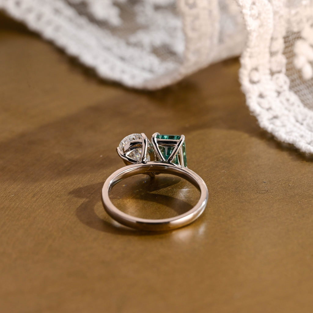 SquareJewelry radiant cut moissanite engagement ring Solid Gold Toi et Moi Radiant Cut Green Moissanite & Pear Cut Moissanite Engagement Ring