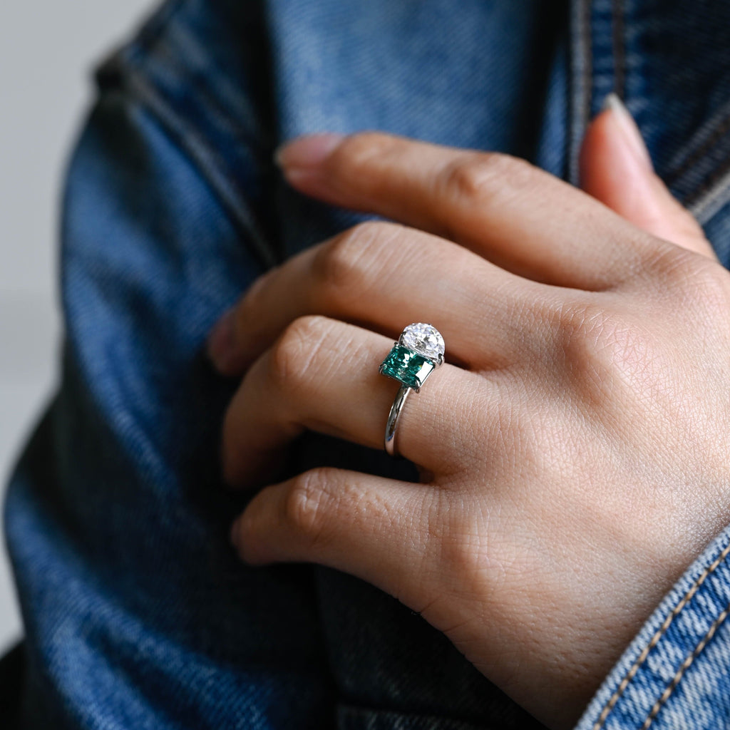 SquareJewelry radiant cut moissanite engagement ring Solid Gold Toi et Moi Radiant Cut Green Moissanite & Pear Cut Moissanite Engagement Ring