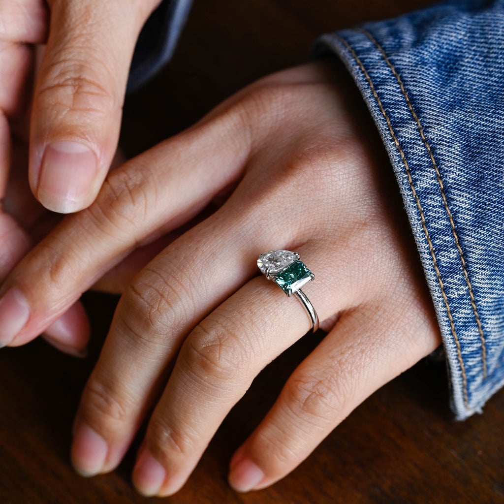 SquareJewelry radiant cut moissanite engagement ring Solid Gold Toi et Moi Radiant Cut Green Moissanite & Pear Cut Moissanite Engagement Ring