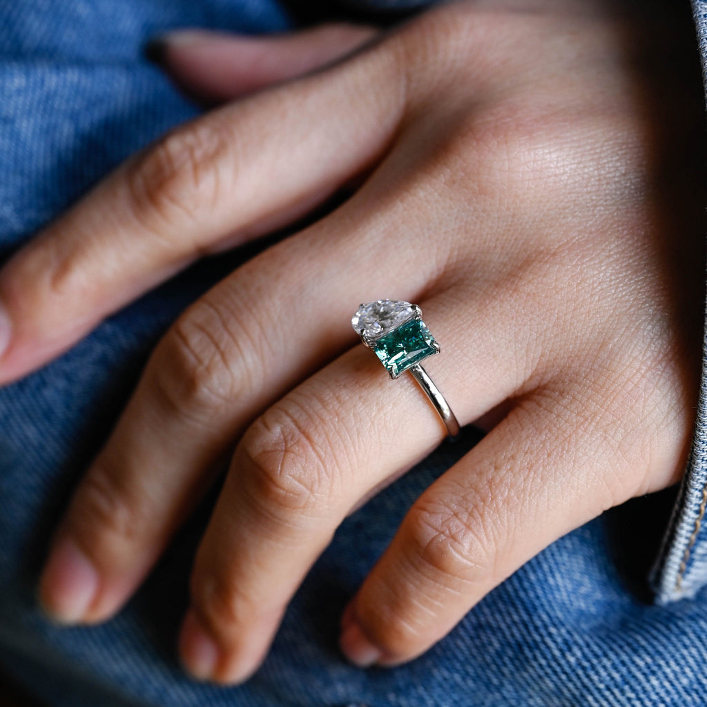 SquareJewelry radiant cut moissanite engagement ring Solid Gold Toi et Moi Radiant Cut Green Moissanite & Pear Cut Moissanite Engagement Ring