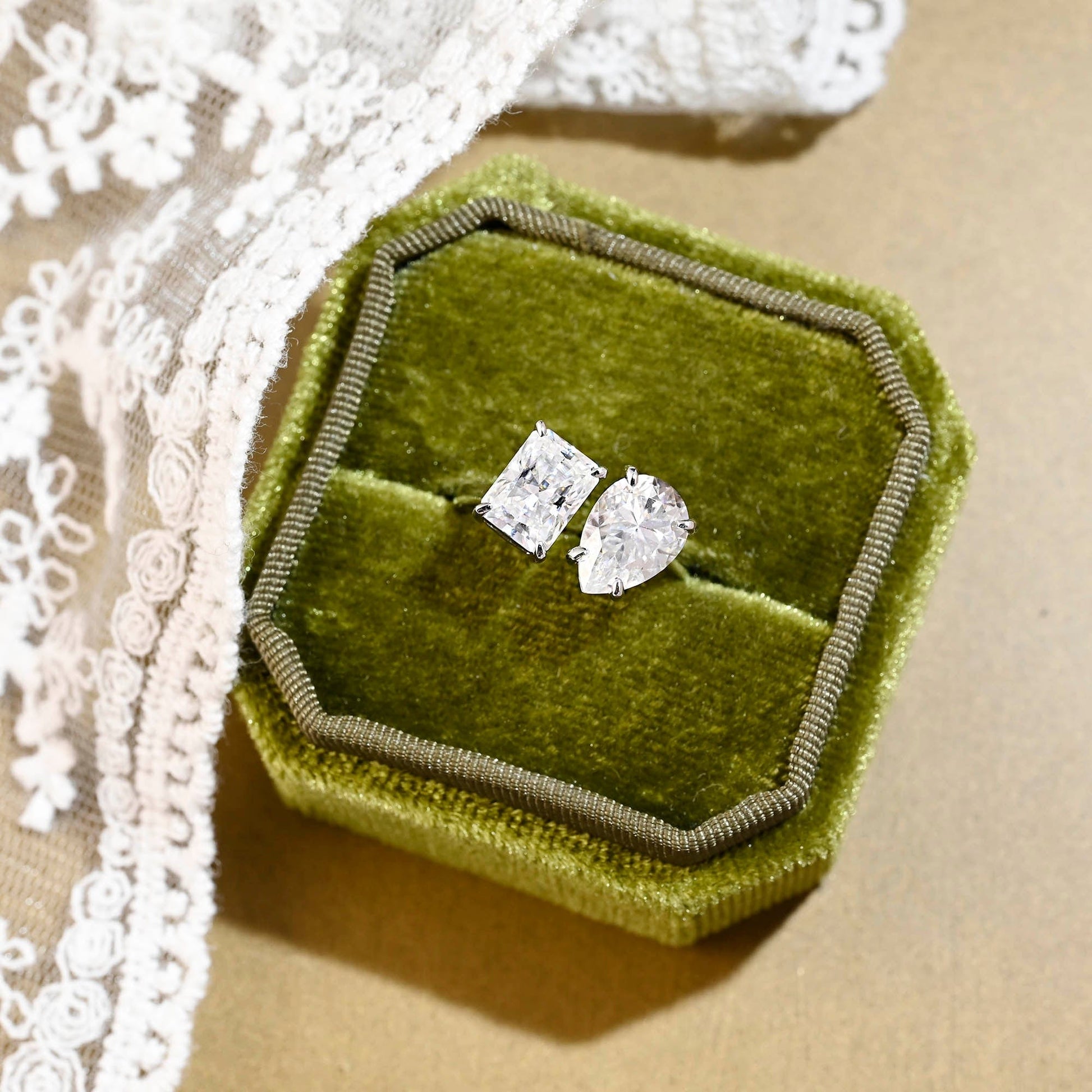SquareJewelry radiant cut moissanite engagement ring Solid Gold Toi et Moi Radiant & Pear Cut Moissanite Engagement Ring