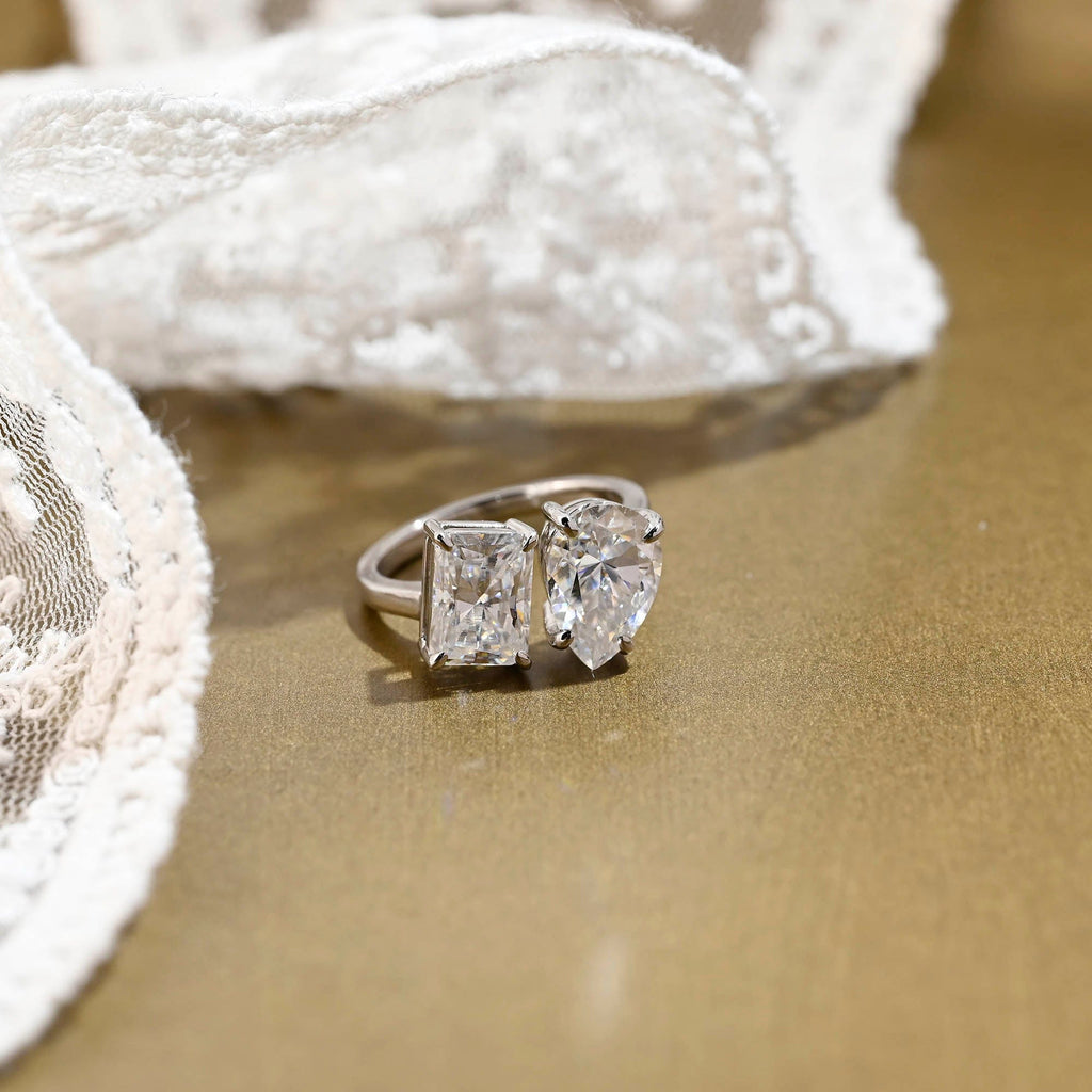 SquareJewelry radiant cut moissanite engagement ring Solid Gold Toi et Moi Radiant & Pear Cut Moissanite Engagement Ring