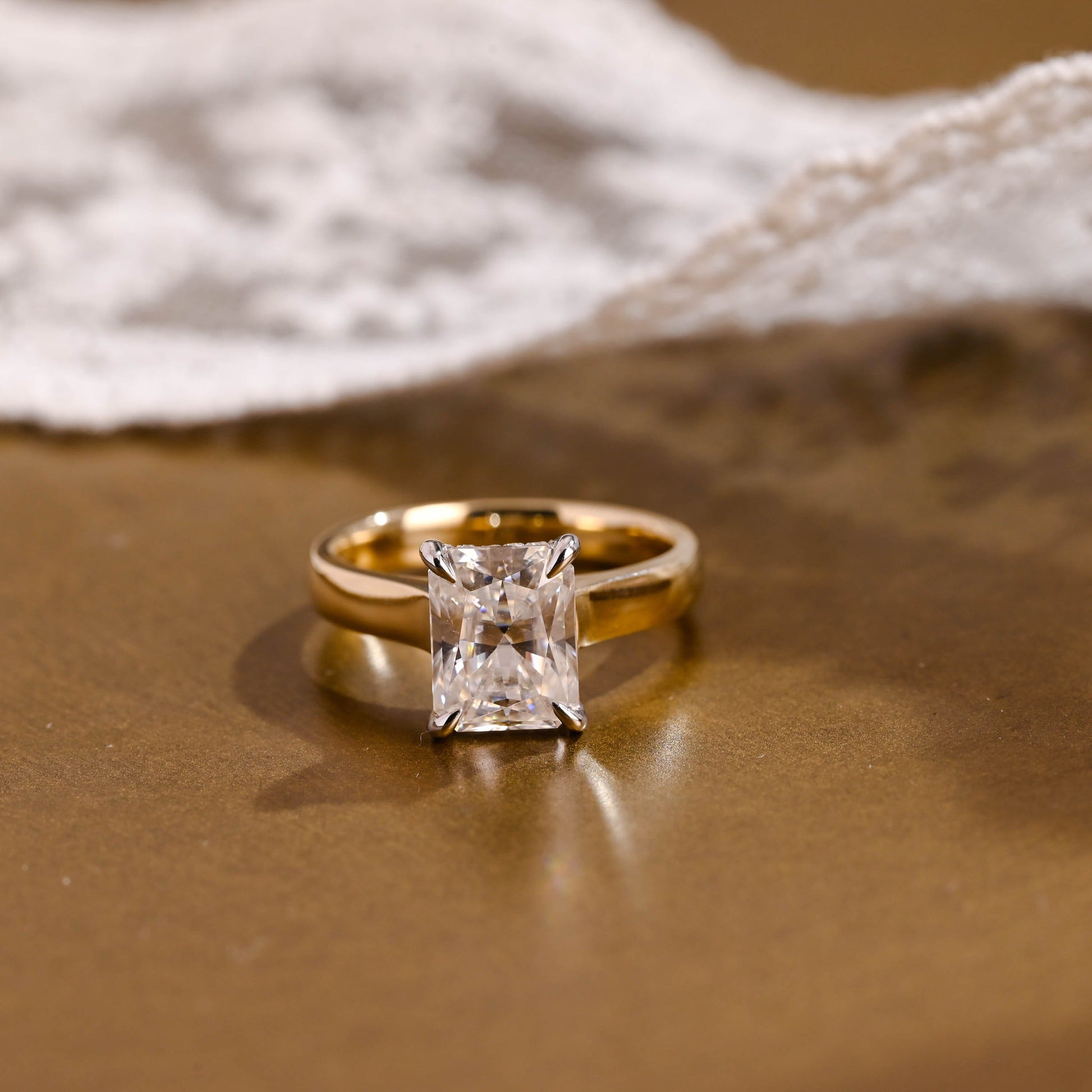 SquareJewelry radiant cut moissanite engagement ring Two Tone Cathedral Hidden Halo Radiant Cut Moissanite Engagement Ring
