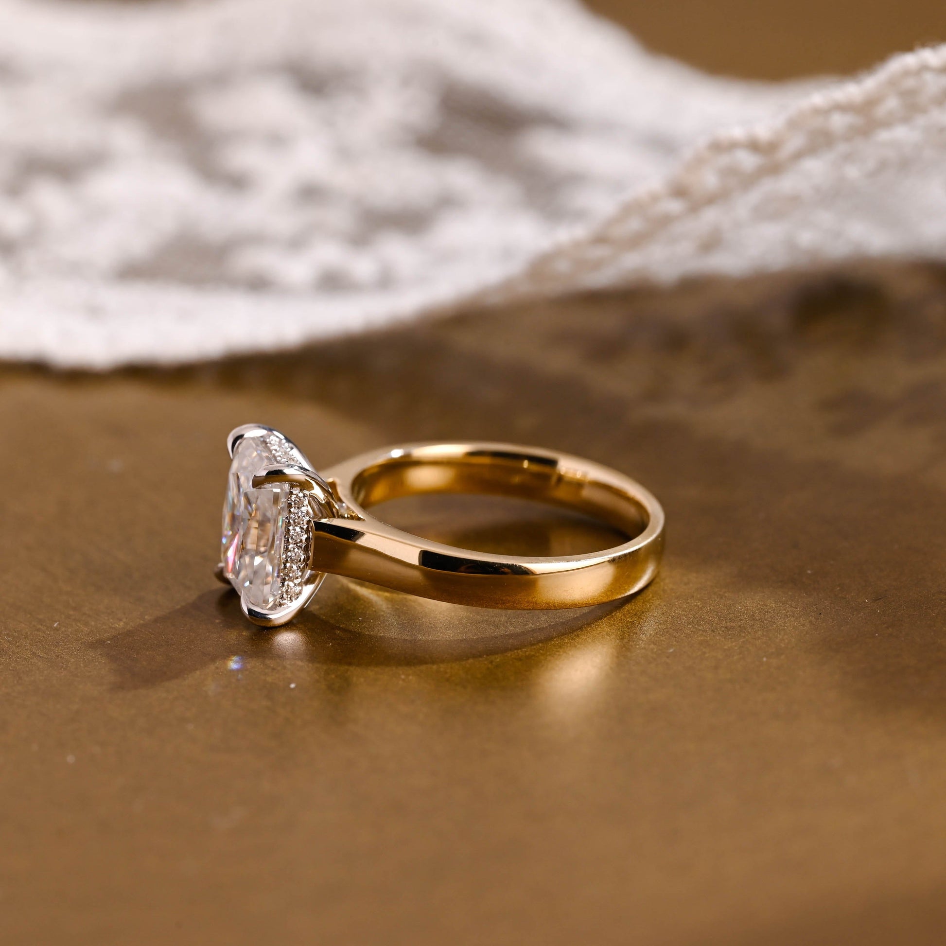SquareJewelry radiant cut moissanite engagement ring Two Tone Cathedral Hidden Halo Radiant Cut Moissanite Engagement Ring