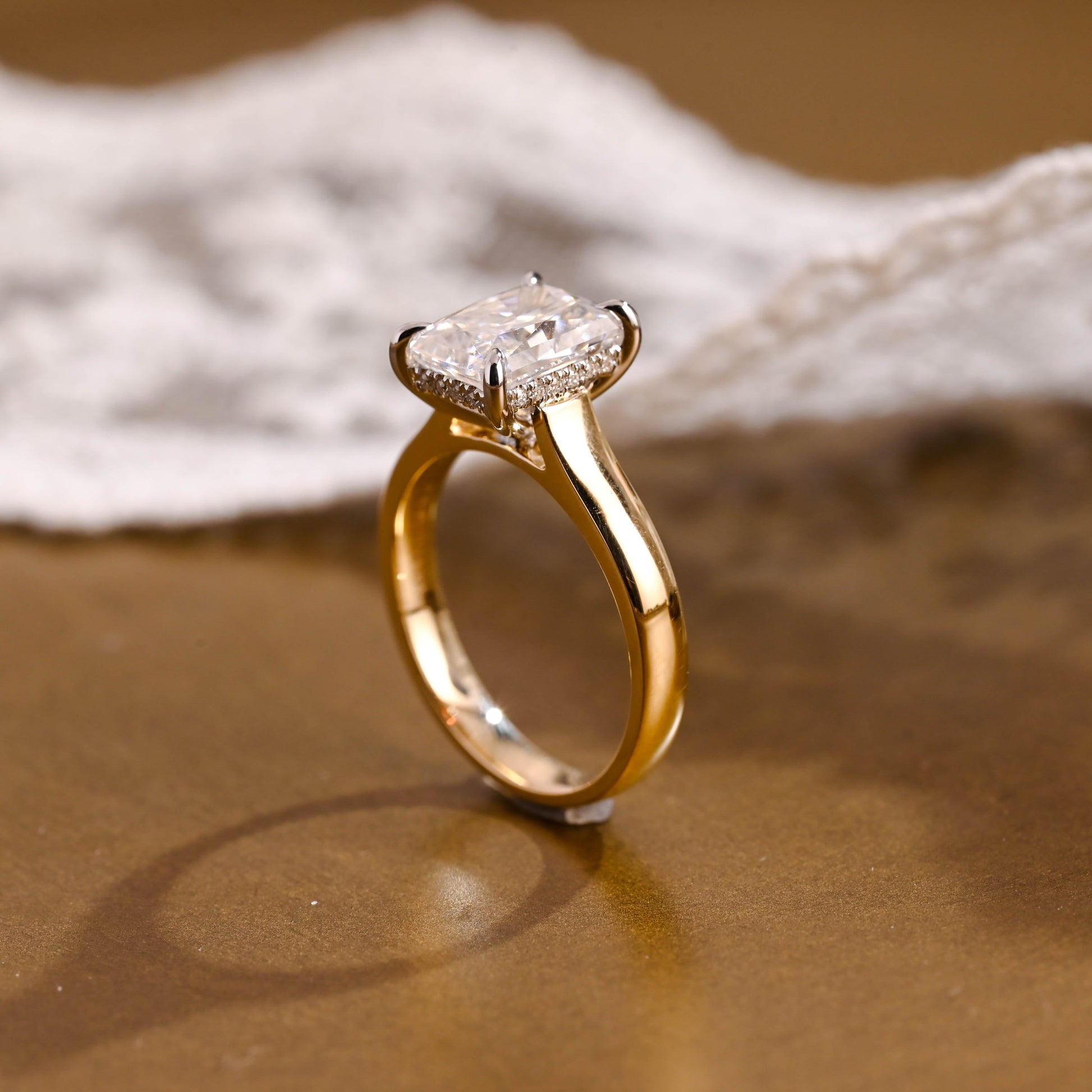 SquareJewelry radiant cut moissanite engagement ring Two Tone Cathedral Hidden Halo Radiant Cut Moissanite Engagement Ring