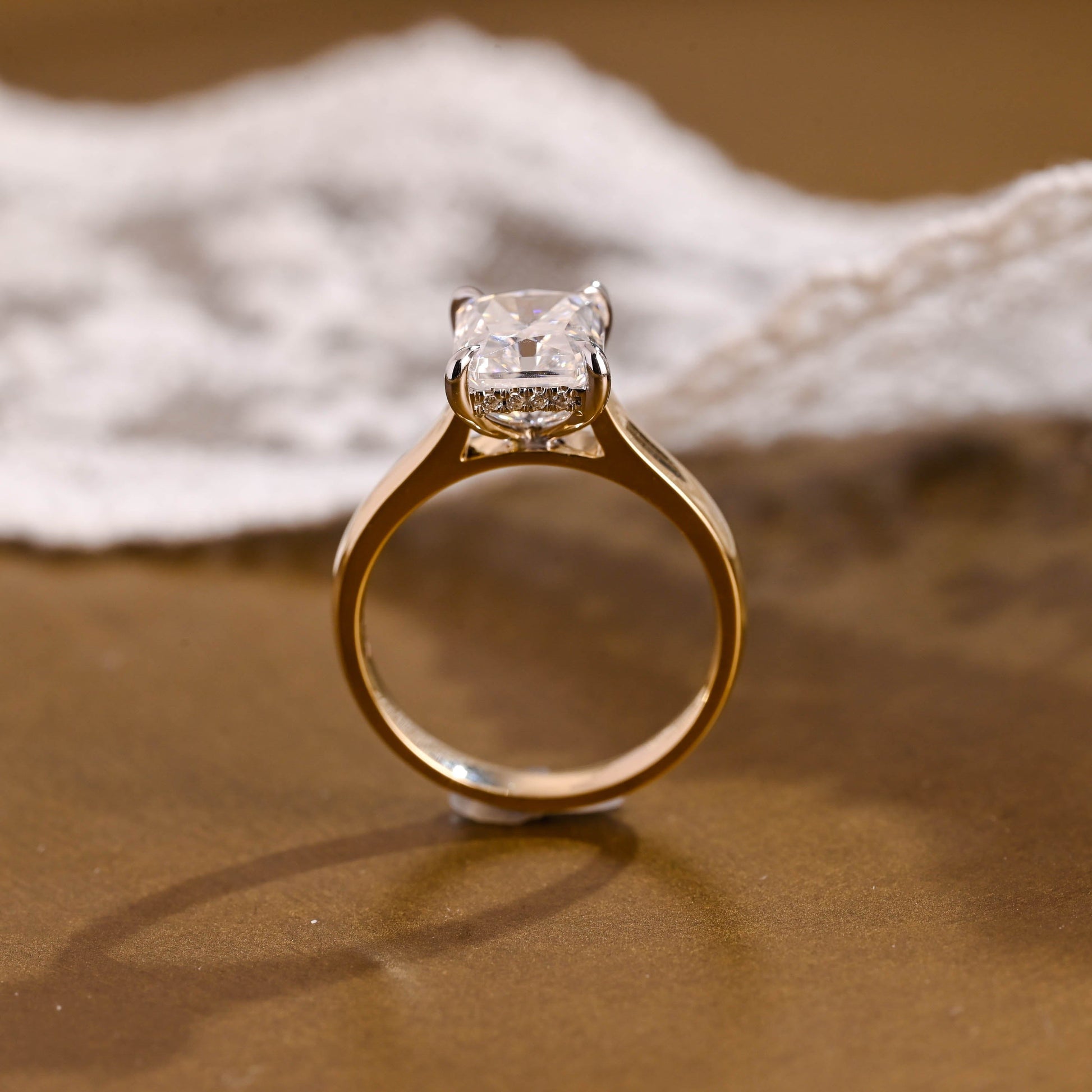 SquareJewelry radiant cut moissanite engagement ring Two Tone Cathedral Hidden Halo Radiant Cut Moissanite Engagement Ring