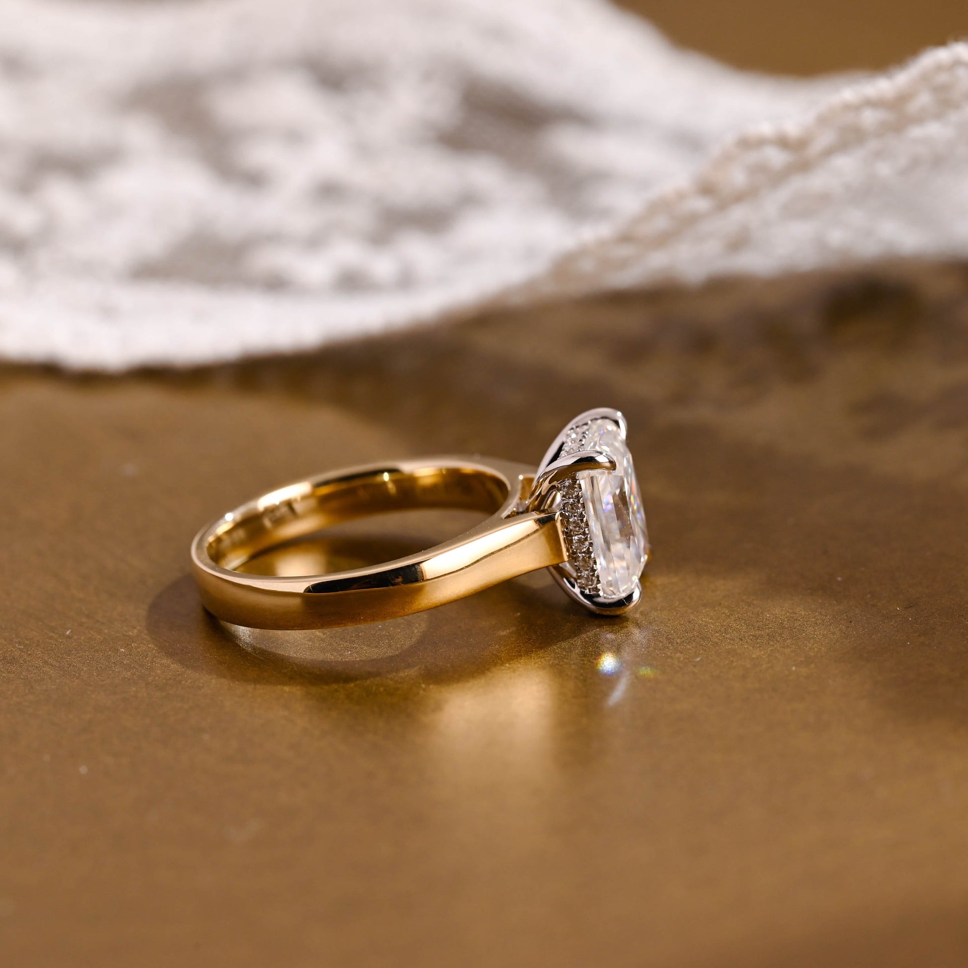 SquareJewelry radiant cut moissanite engagement ring Two Tone Cathedral Hidden Halo Radiant Cut Moissanite Engagement Ring