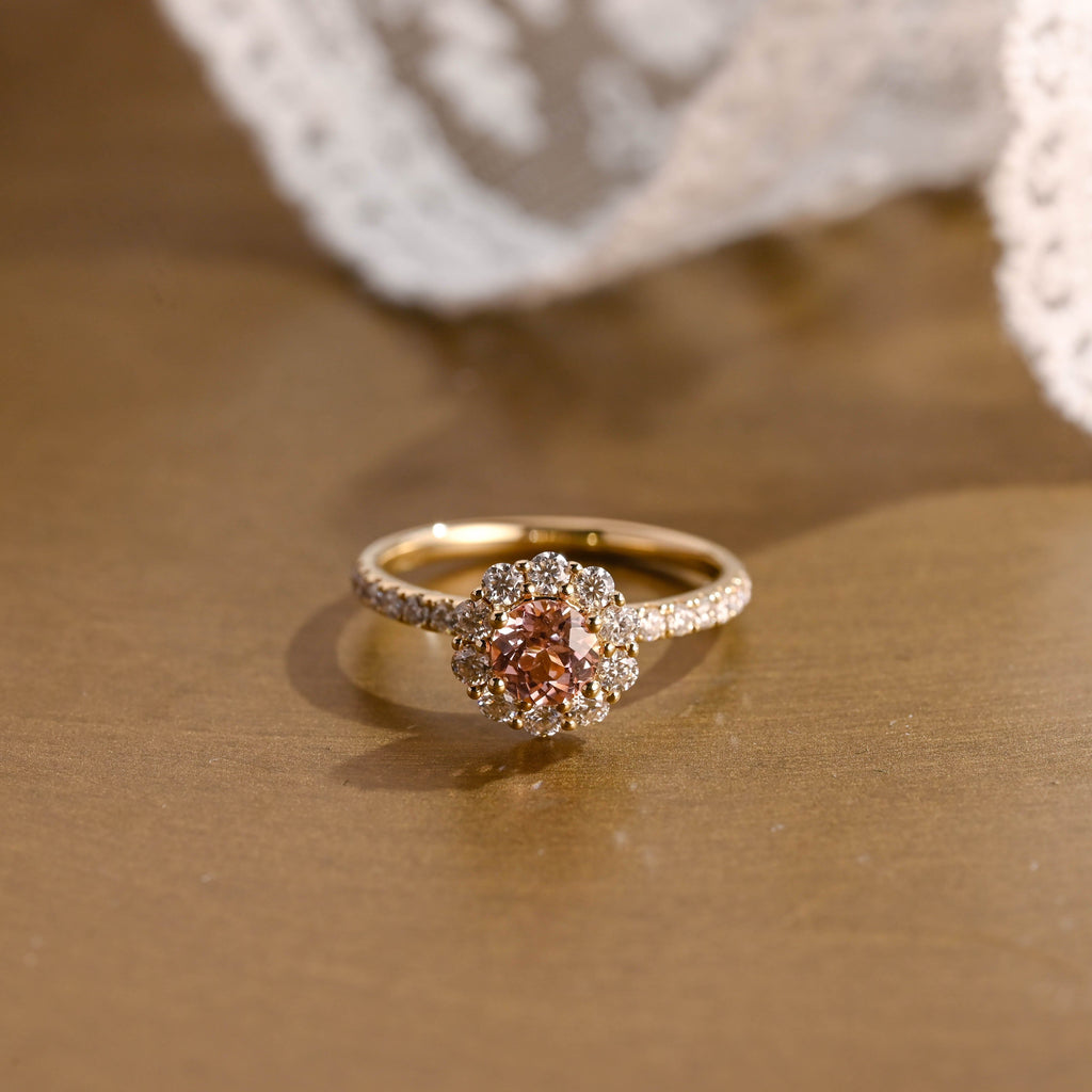 SquareJewelry round cut lab grown sapphire engagement ring Solid Gold Floral Halo Lab Grown Pink Sapphire Engagement Ring
