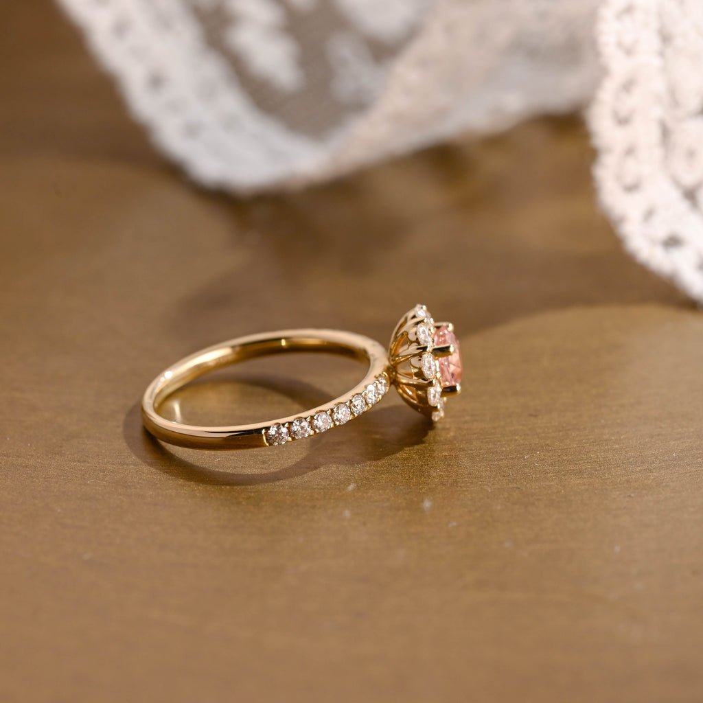 SquareJewelry round cut lab grown sapphire engagement ring Solid Gold Floral Halo Lab Grown Pink Sapphire Engagement Ring