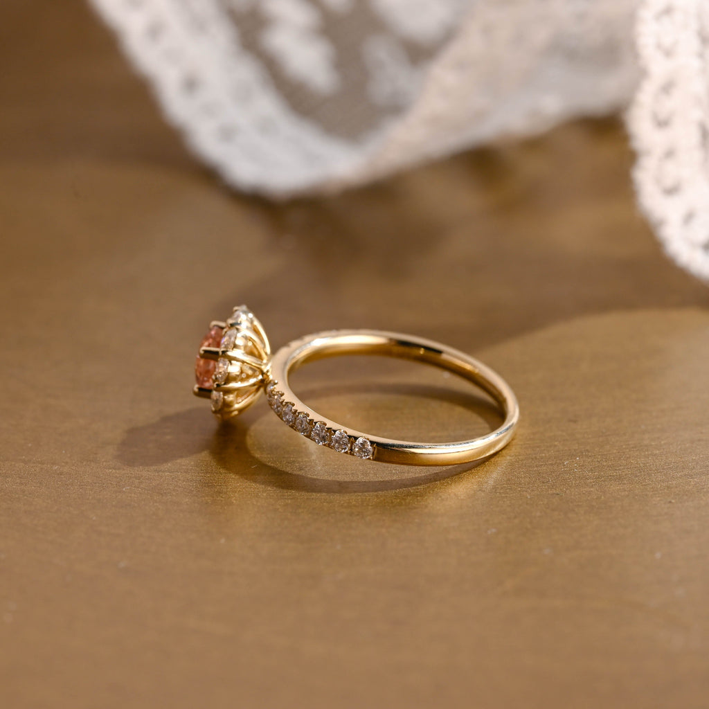 SquareJewelry round cut lab grown sapphire engagement ring Solid Gold Floral Halo Lab Grown Pink Sapphire Engagement Ring