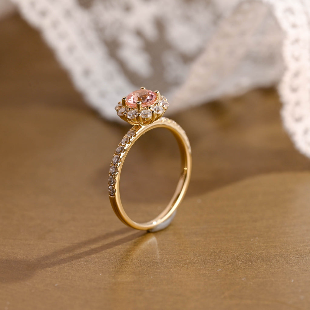 SquareJewelry round cut lab grown sapphire engagement ring Solid Gold Floral Halo Lab Grown Pink Sapphire Engagement Ring