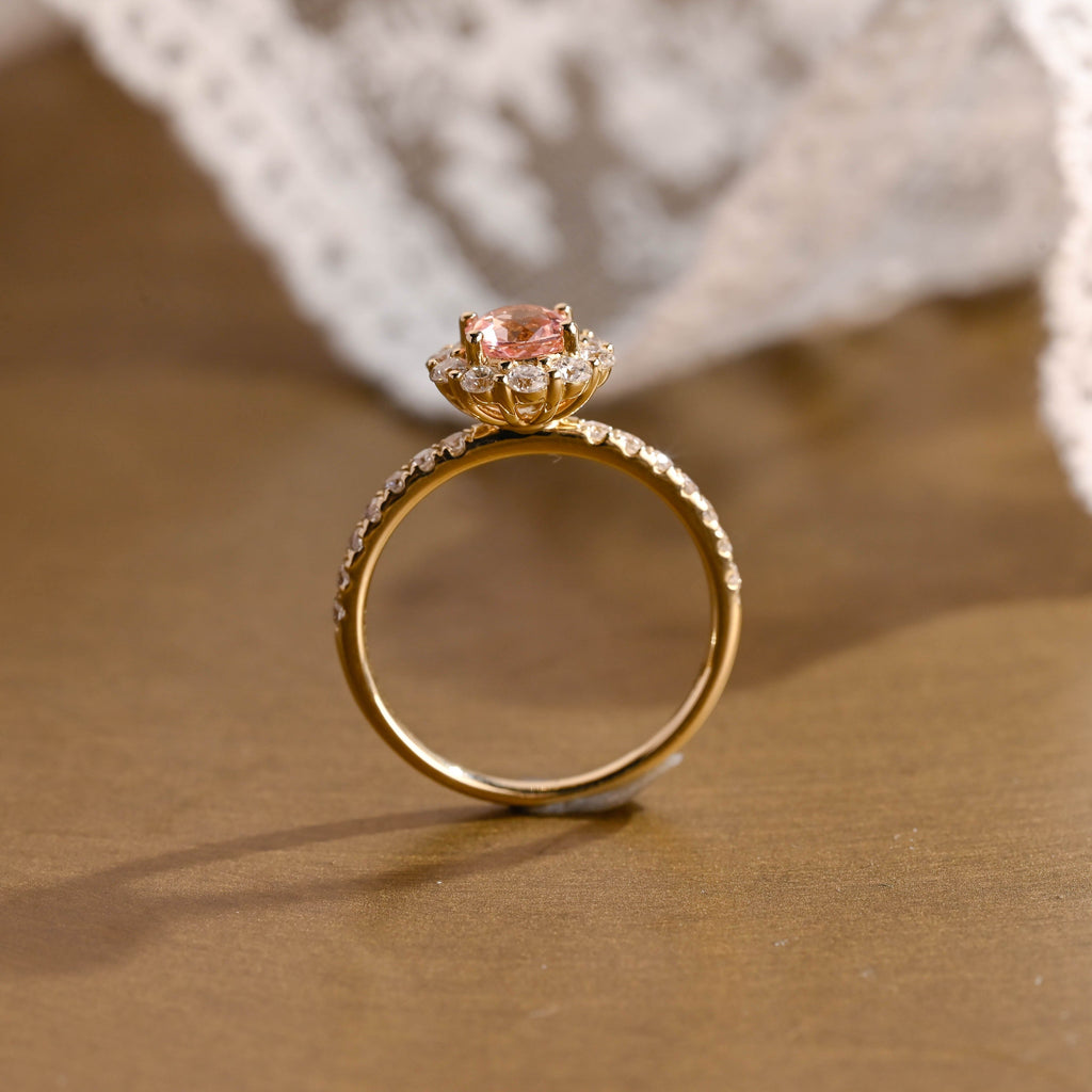 SquareJewelry round cut lab grown sapphire engagement ring Solid Gold Floral Halo Lab Grown Pink Sapphire Engagement Ring